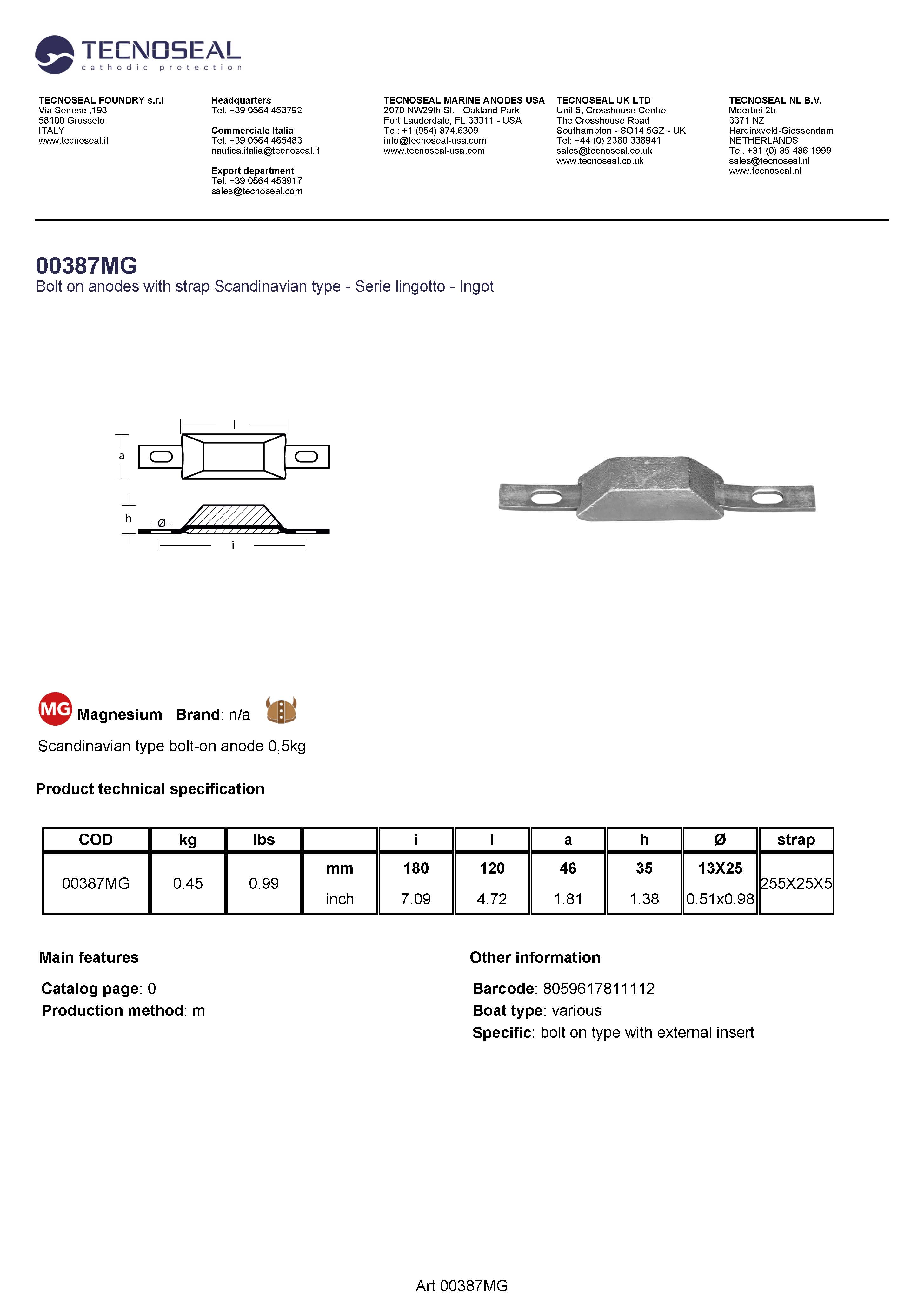 Scandinavian type bolt-on anode 0,45kg - 00387mg - 00387MG