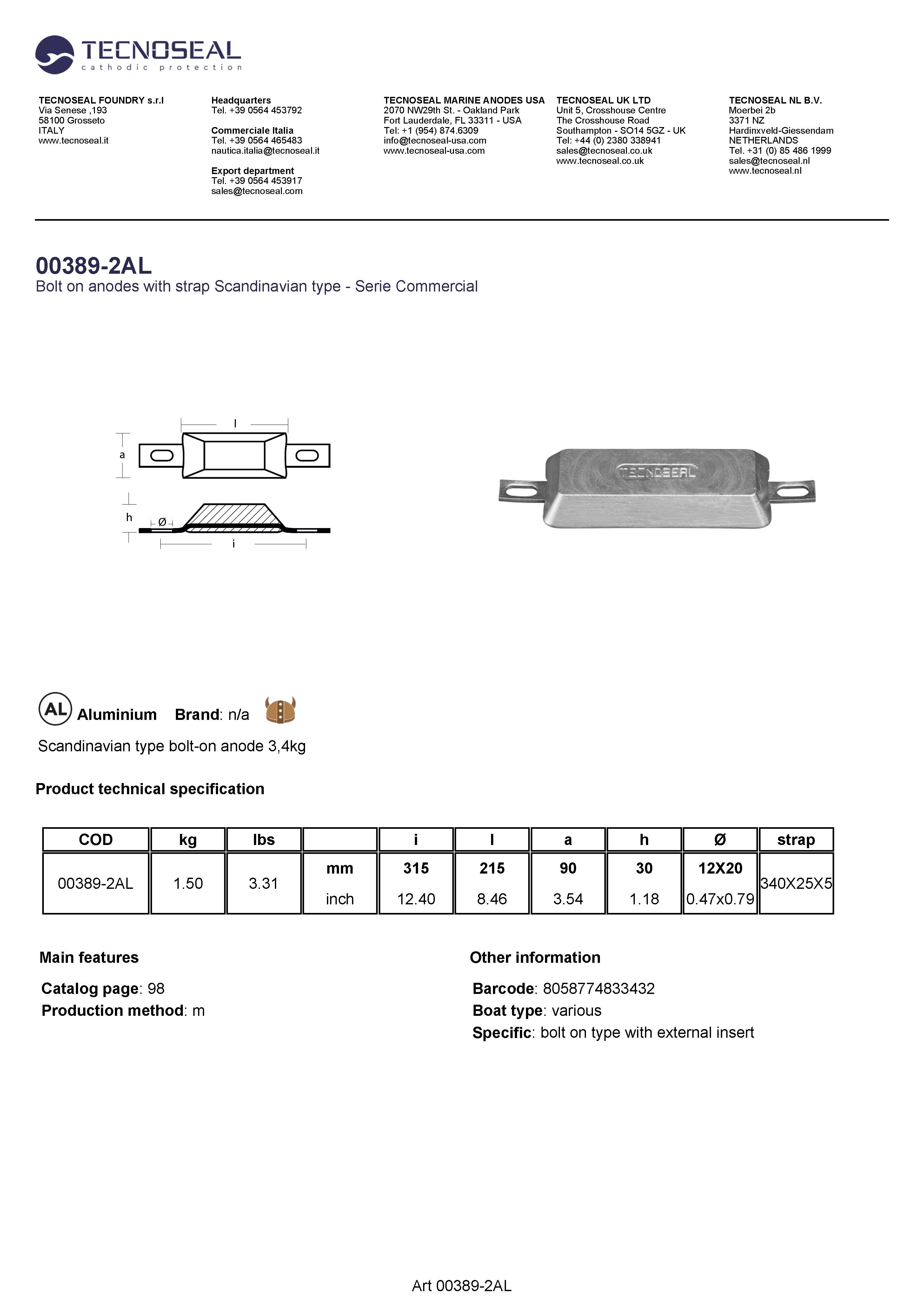 Scandinavian type bolt-on anode 1,5kg - 00389 2al 1 - 00389-2AL