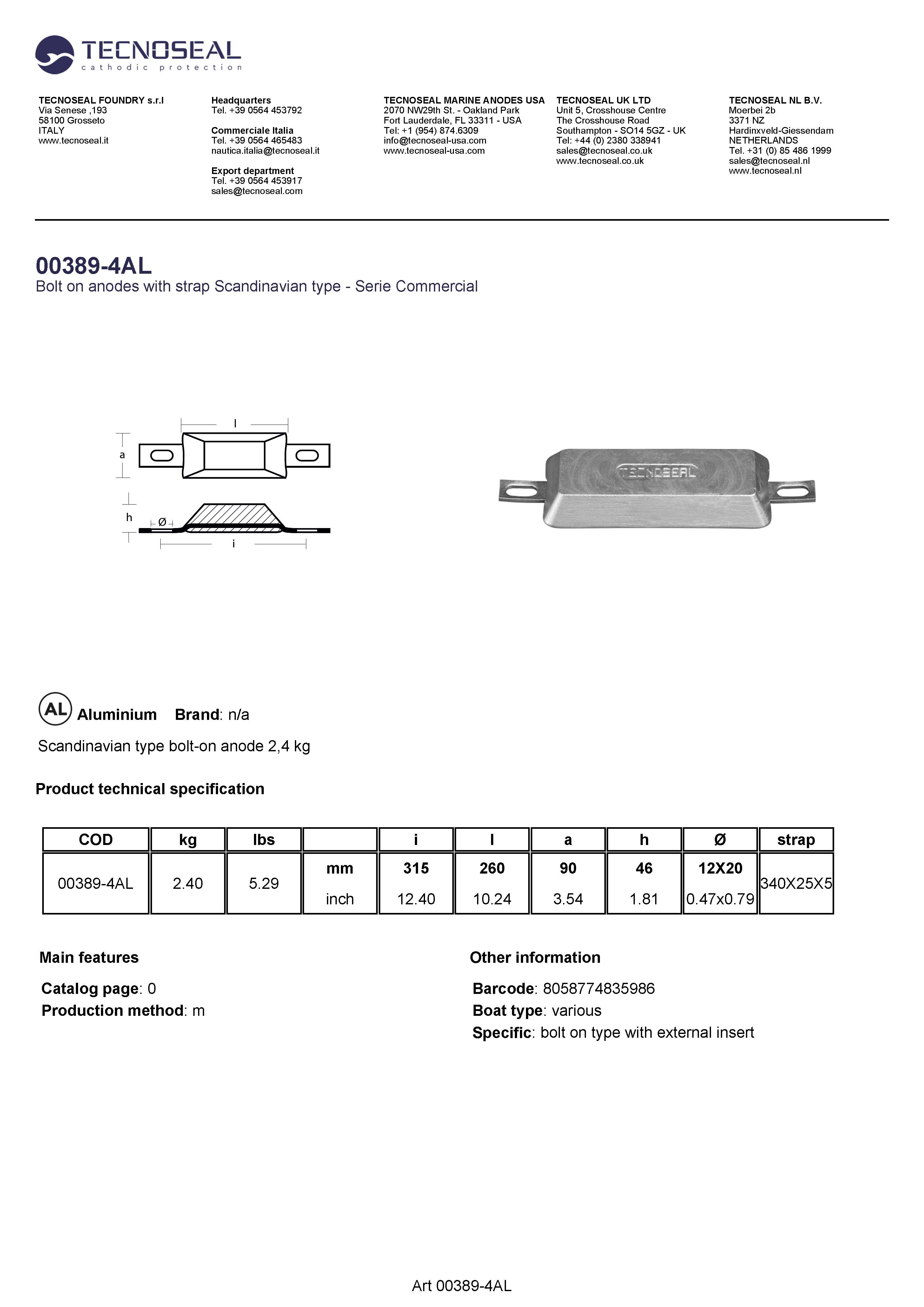 Scandinavian type bolt-on anode 2.4kg - 00389 4al - 00389-4AL