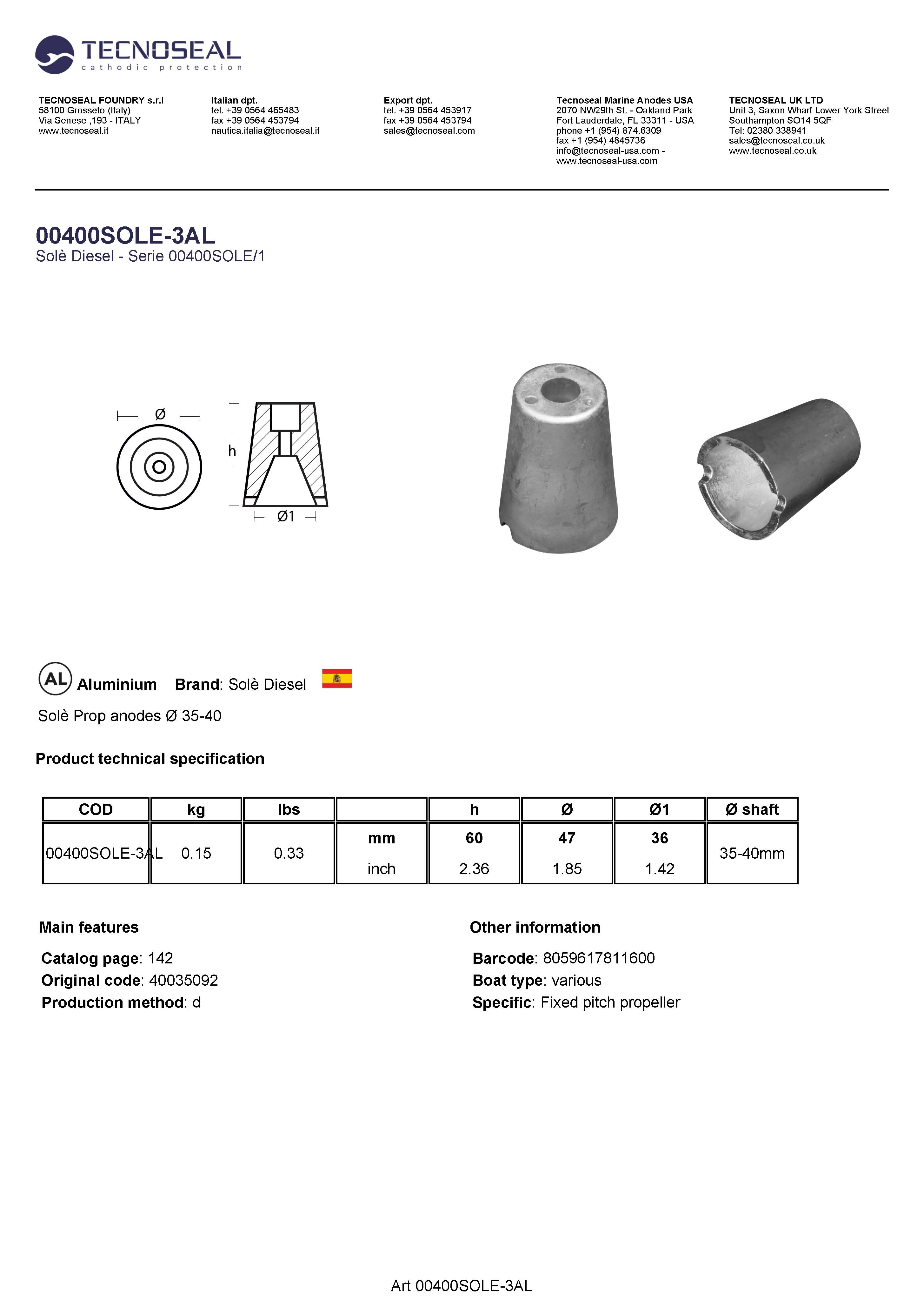Sol&egrave; Prop anodes &Oslash; 47 - 00400sole 3al - 00400SOLE-3AL