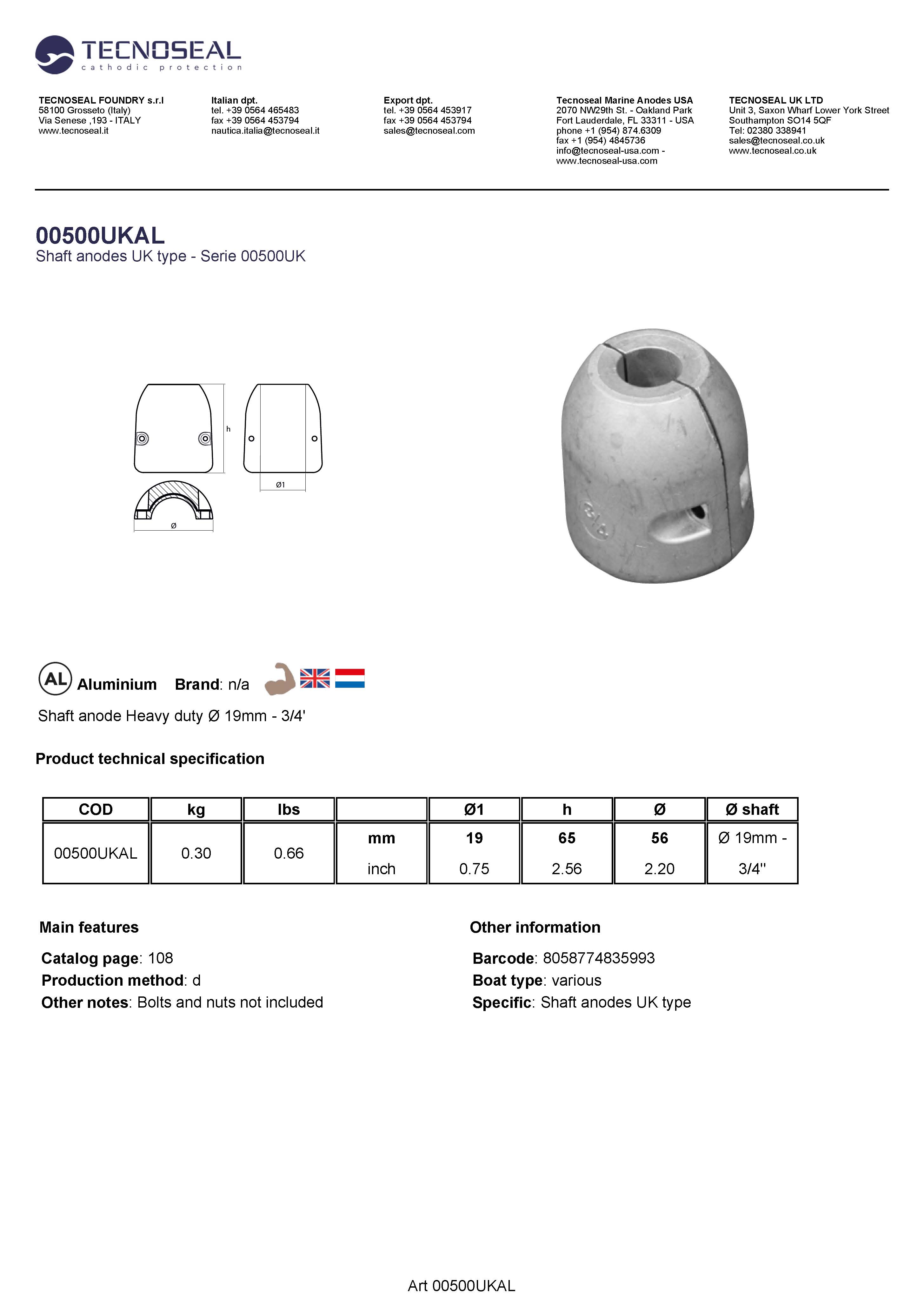 Shaft anode Heavy duty  &Oslash; 19mm - 3/4' - 00500ukal - 00500UKAL