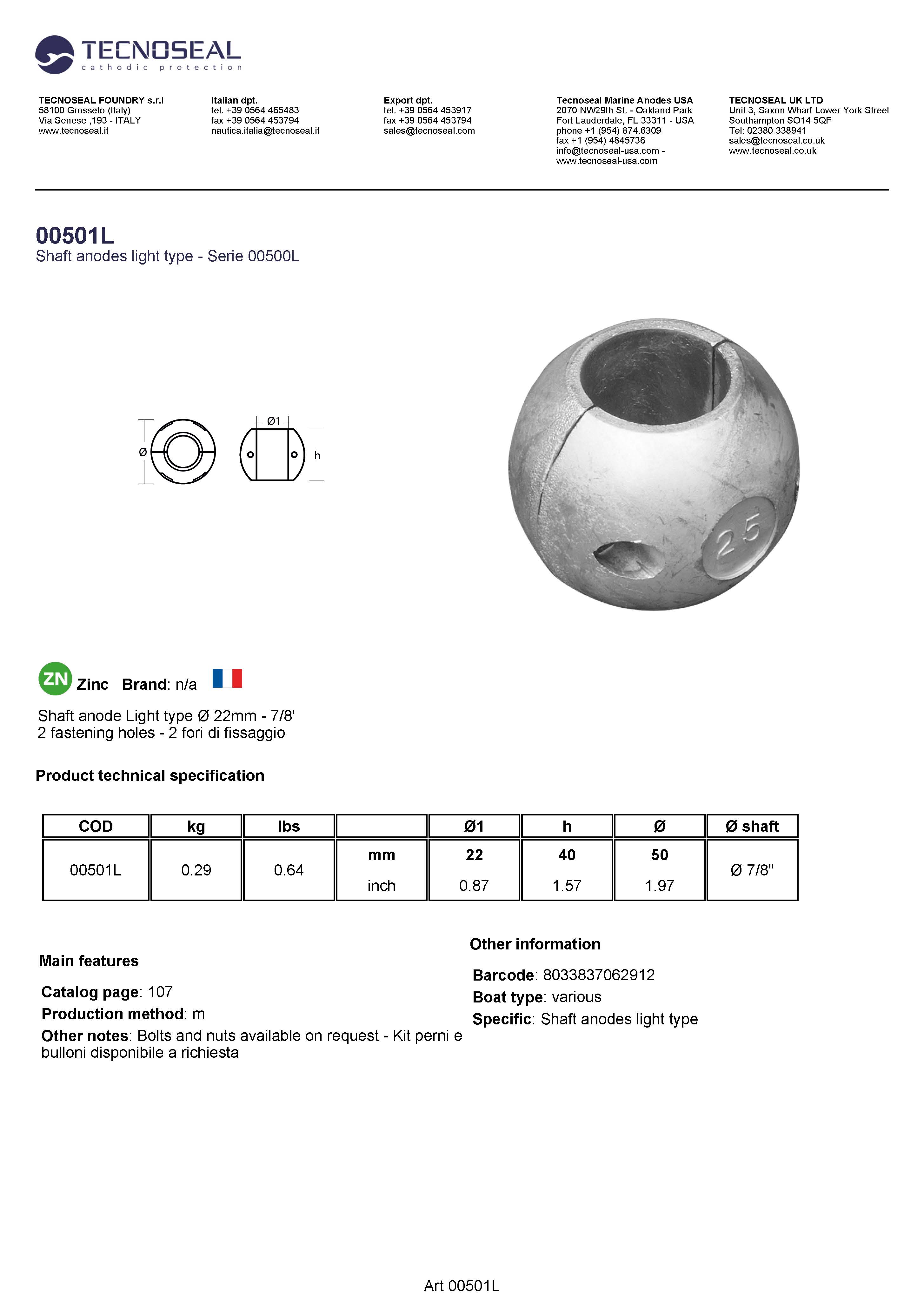 Shaft anode Light type &Oslash;  22mm - 7/8' - 00501l 1 - 00501L