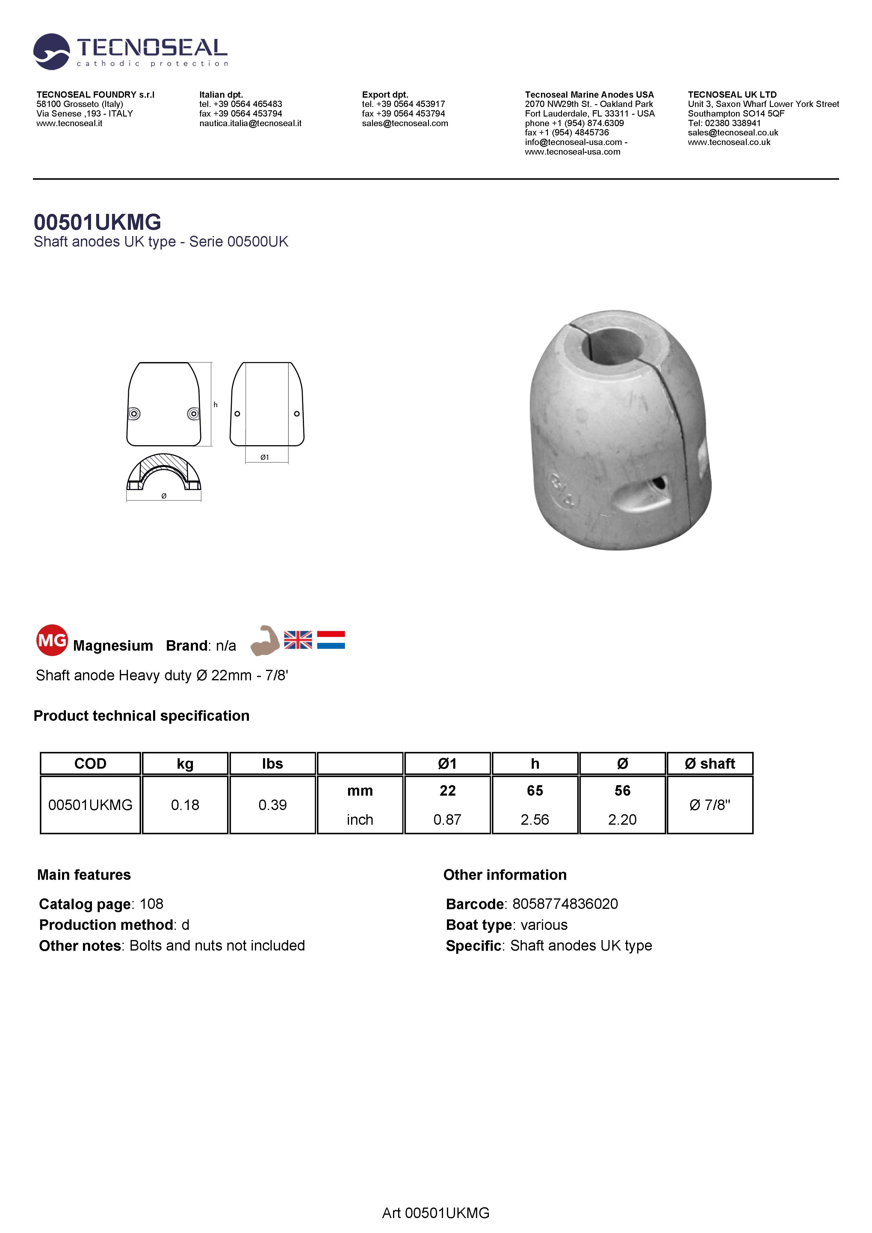 Shaft anode Heavy duty  &Oslash; 22mm - 7/8' - 00501ukmg - 00501UKMG