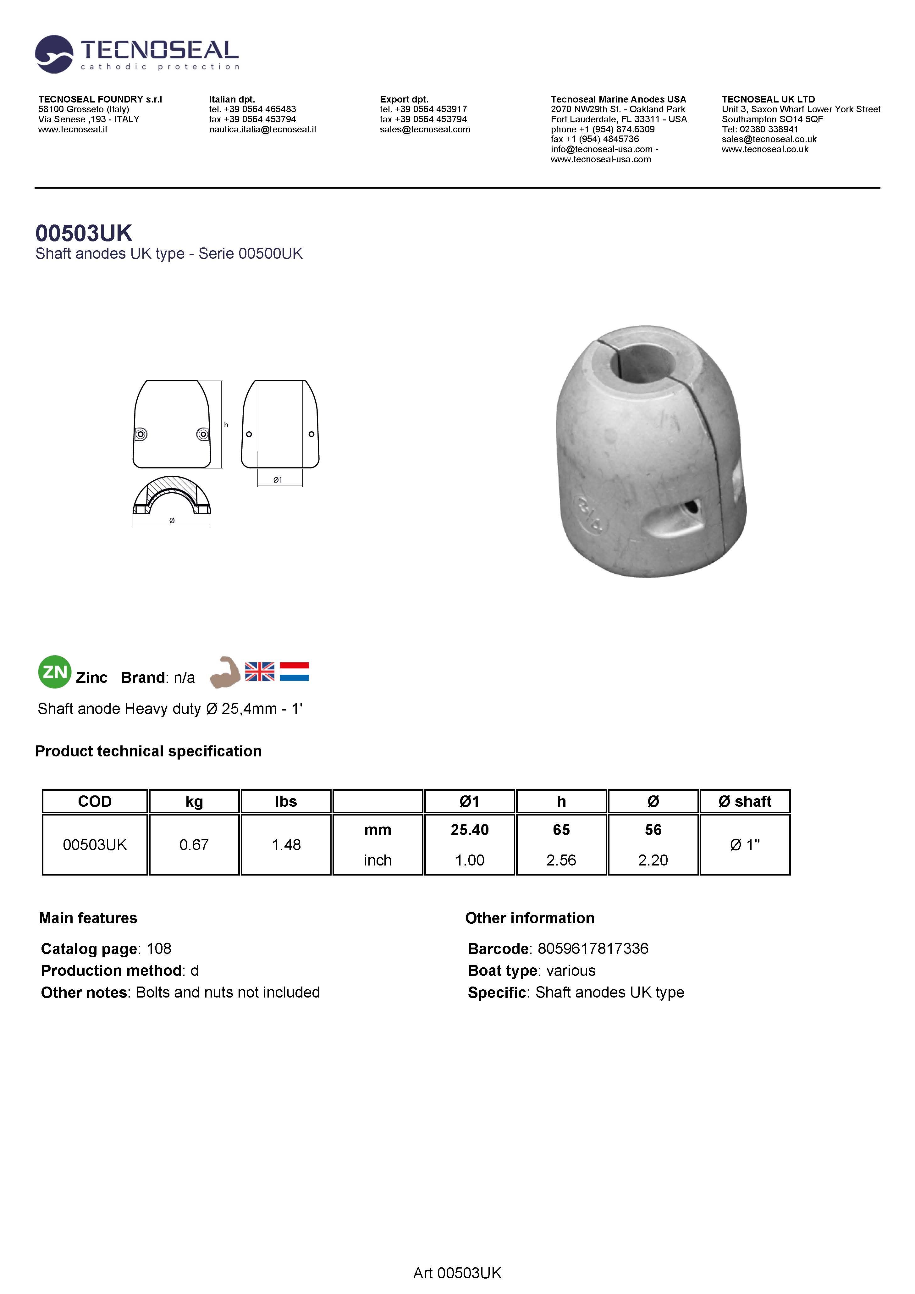 Shaft anode Heavy duty  &Oslash;  25,4mm -   1' - 00503uk - 00503UK