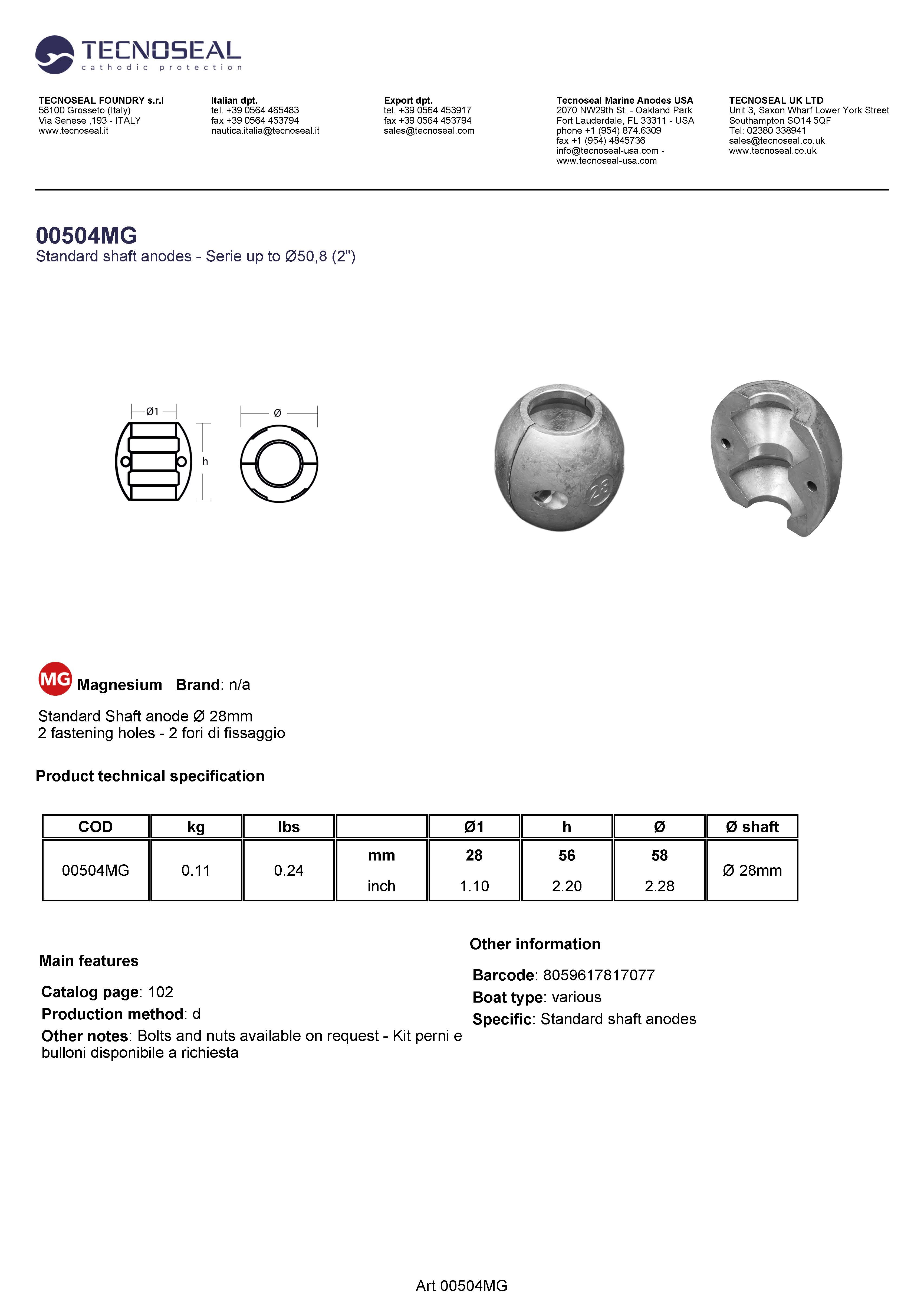 Shaft anode &Oslash; 28mm - 00504mg - 00504MG