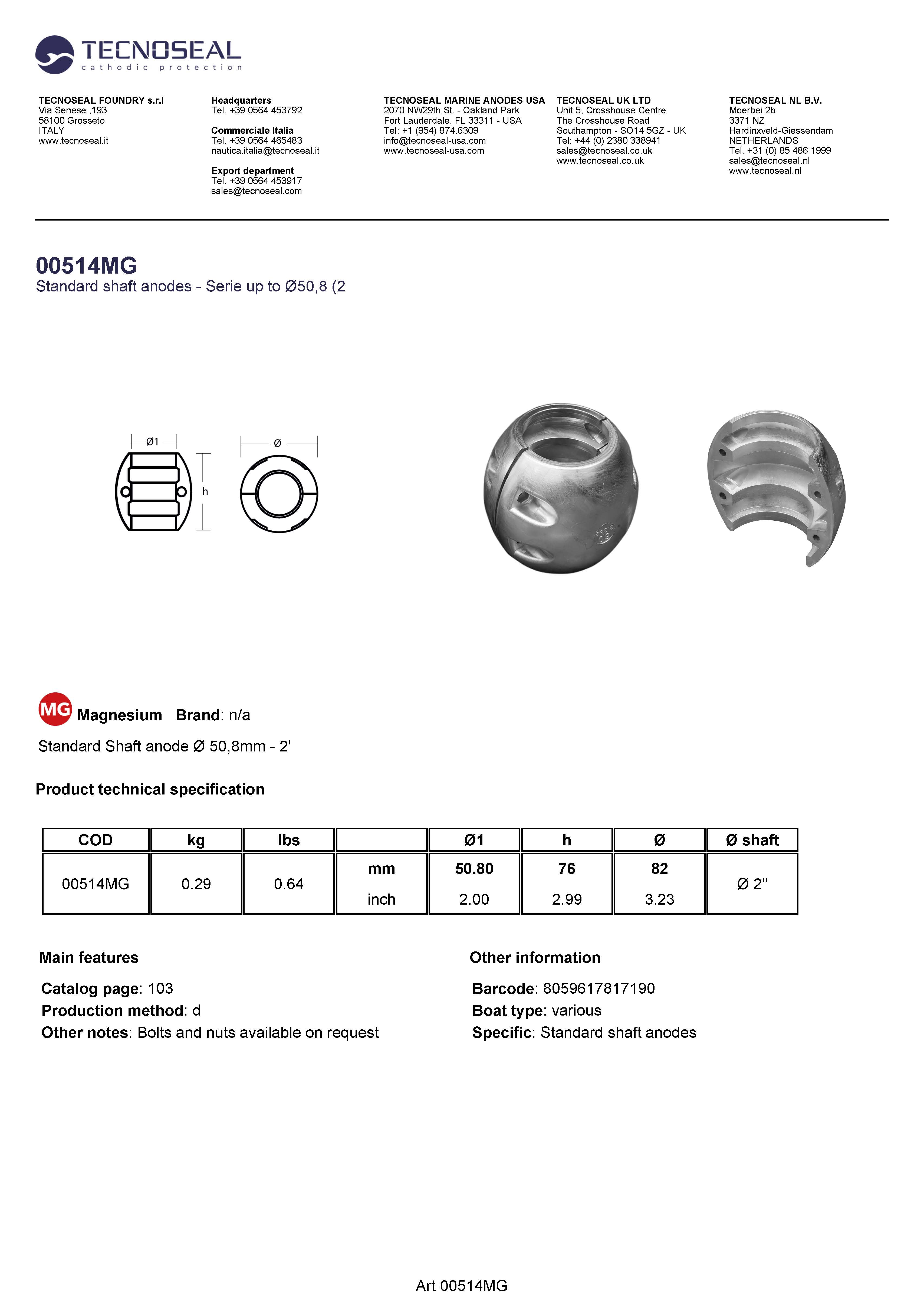 Shaft anode &Oslash; 50,8mm -    2' - 00514mg - 00514MG