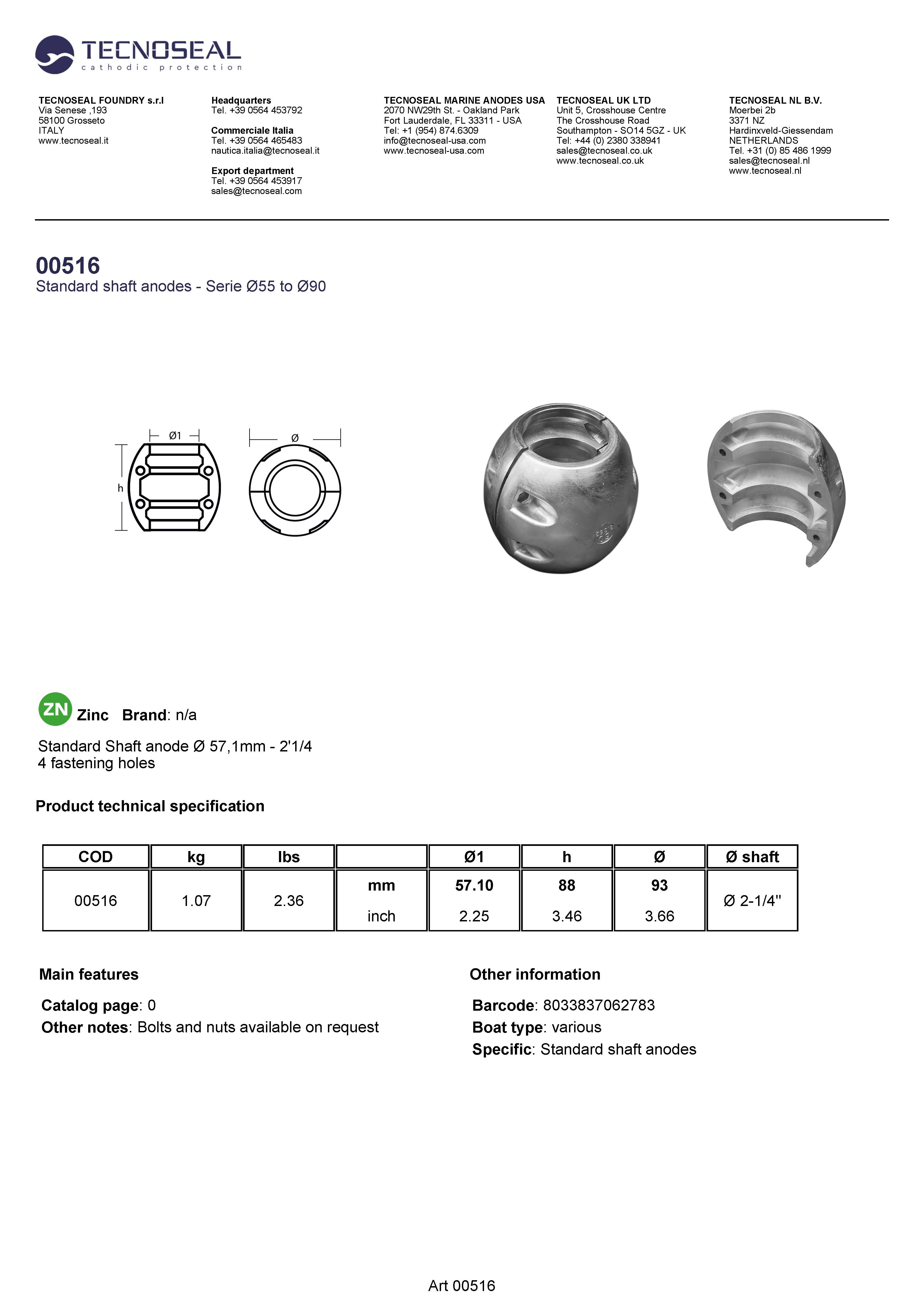 Shaft anode &Oslash;  57,1mm   - 2'1/4 - 00516 - 00516