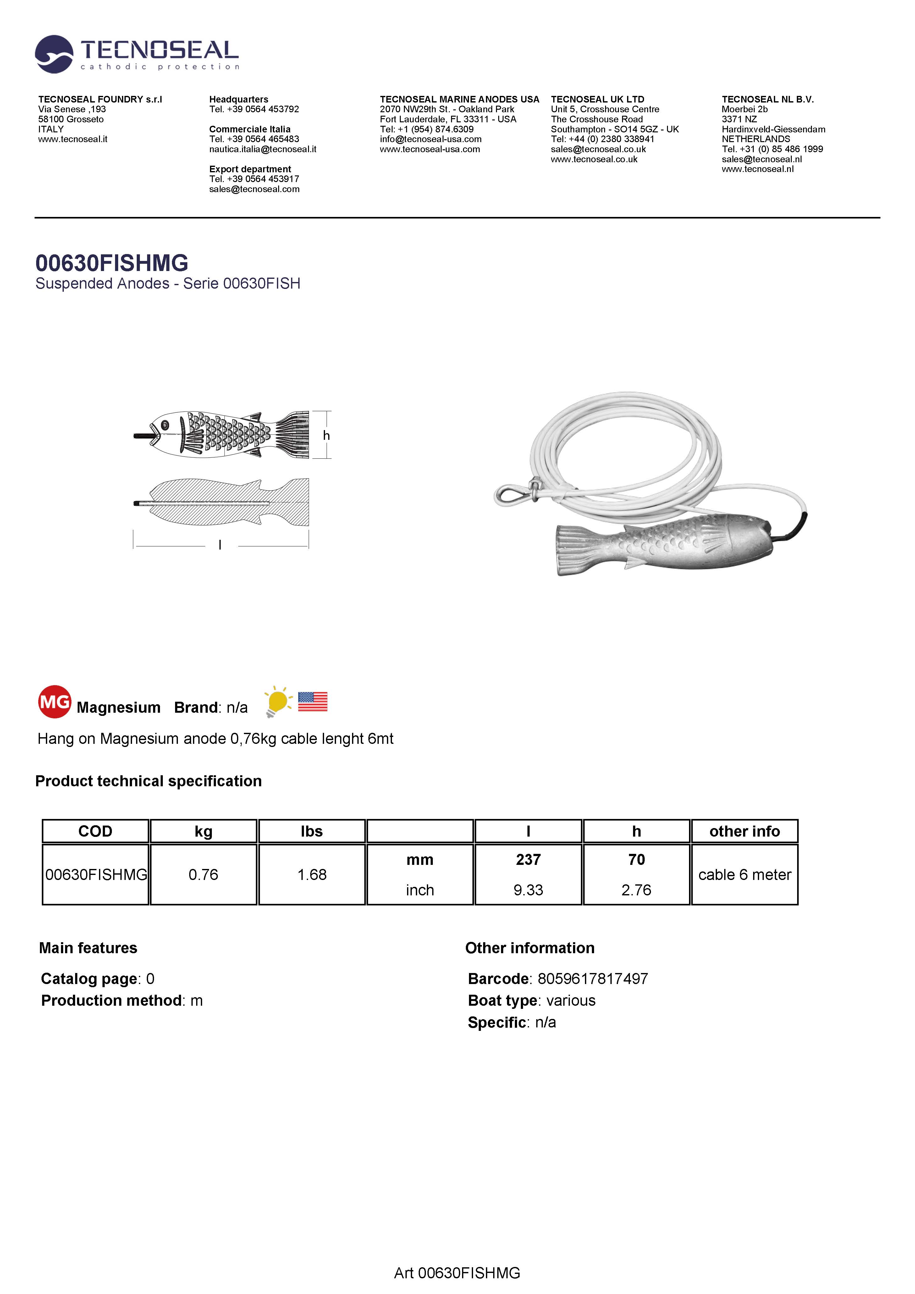 Hang on Magnesium anode 0,76kg cable lenght 6mt - 00630fishmg - 00630FISHMG