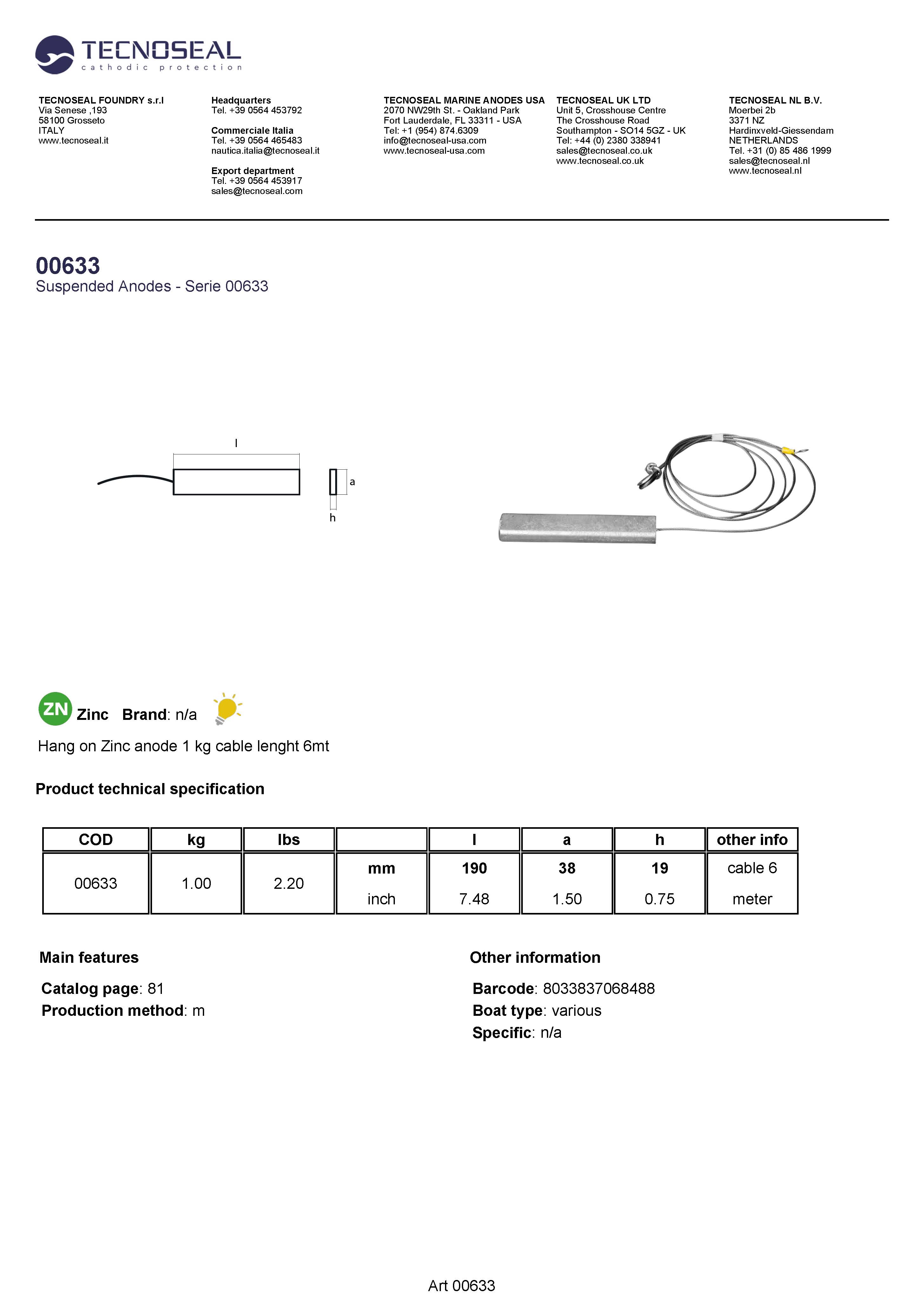 Hang on Zinc anode 0,9kg cable lenght 6mt - 00633 1 - 00633