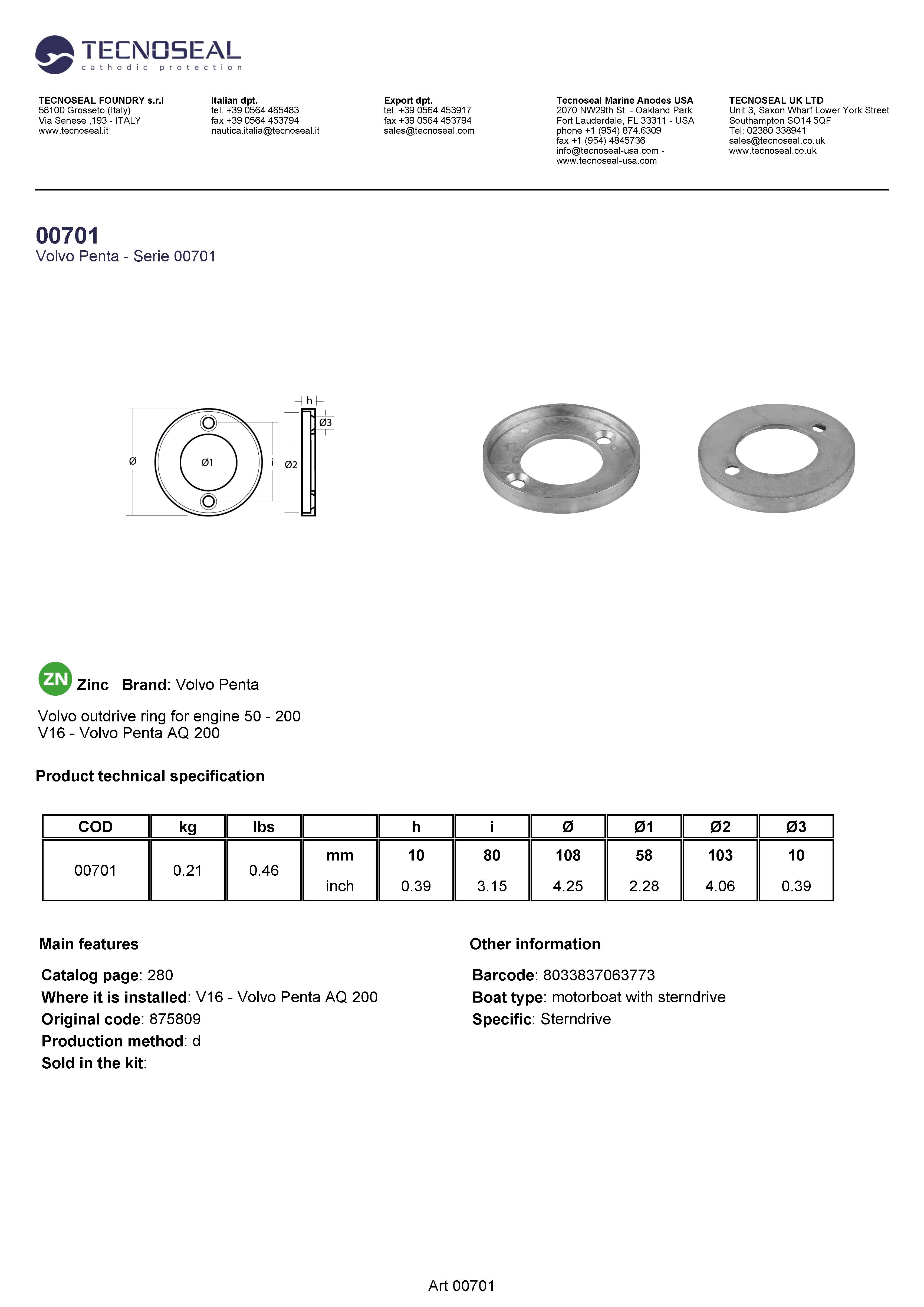 Volvo outdrive ring for engine 50 - 200 - 00701 1 - 00701