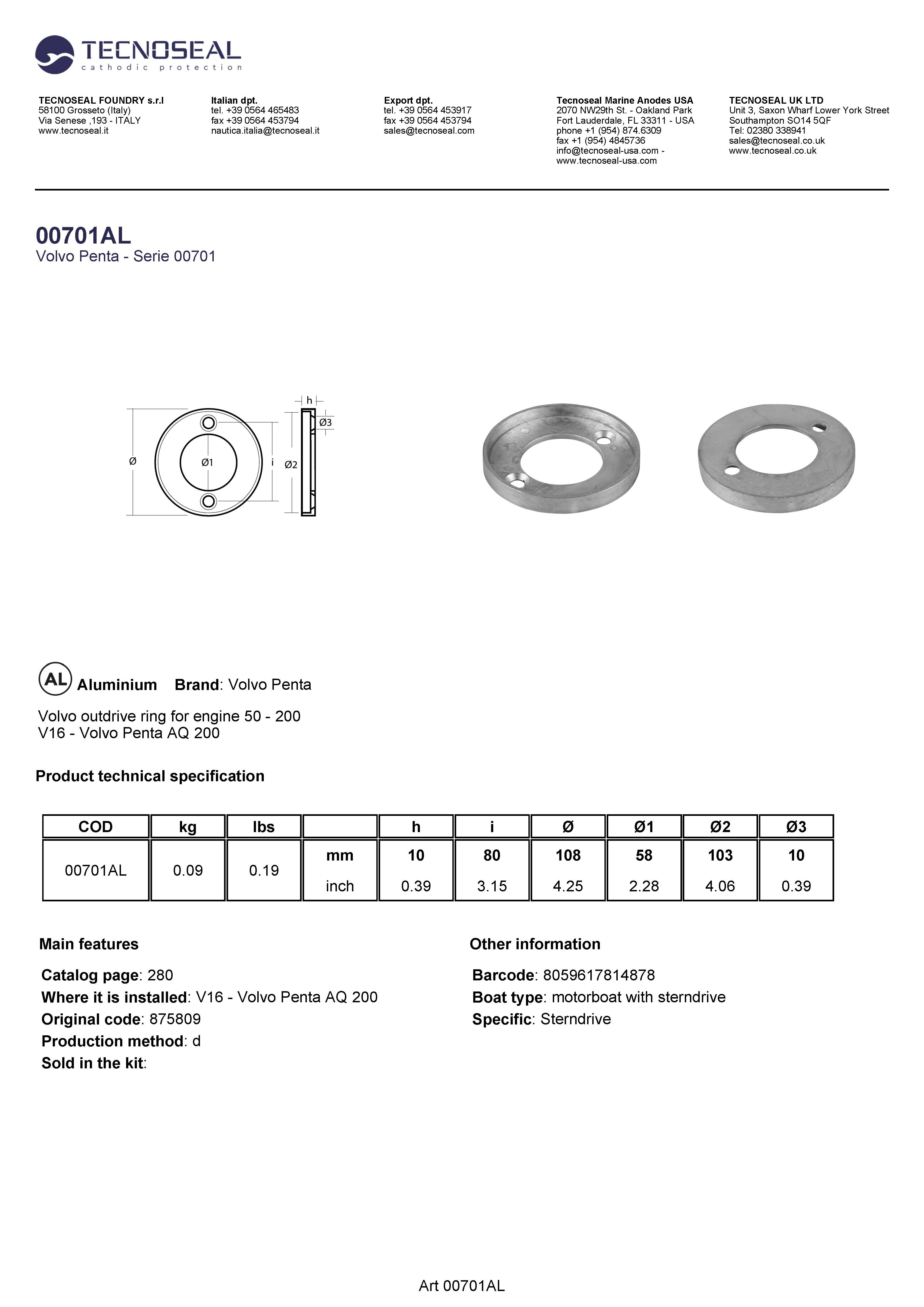 Volvo outdrive ring for engine 50 - 200 - 00701al - 00701AL