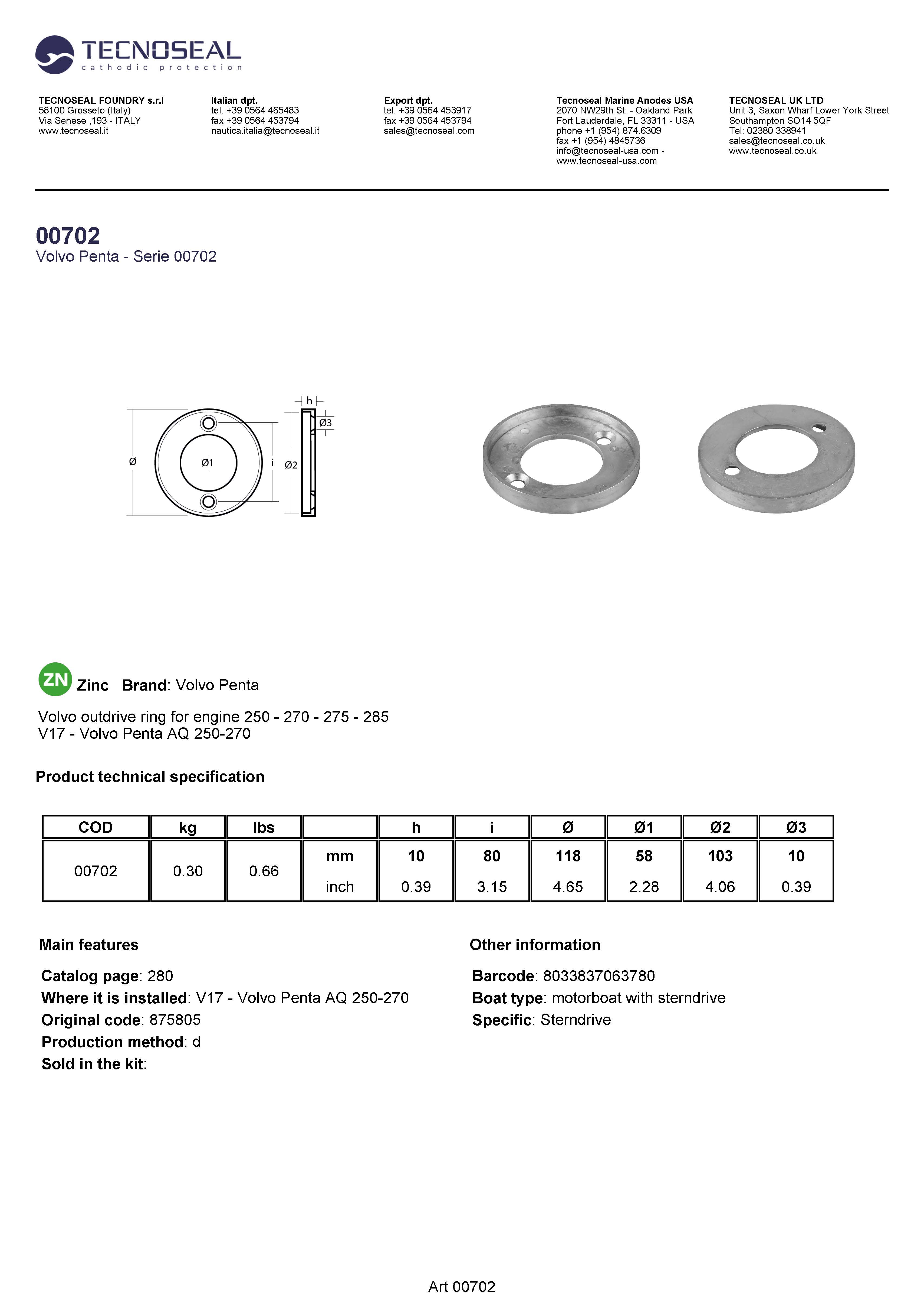 Volvo outdrive ring for engine 250 - 270 - 275 - 285 - 00702 - 00702
