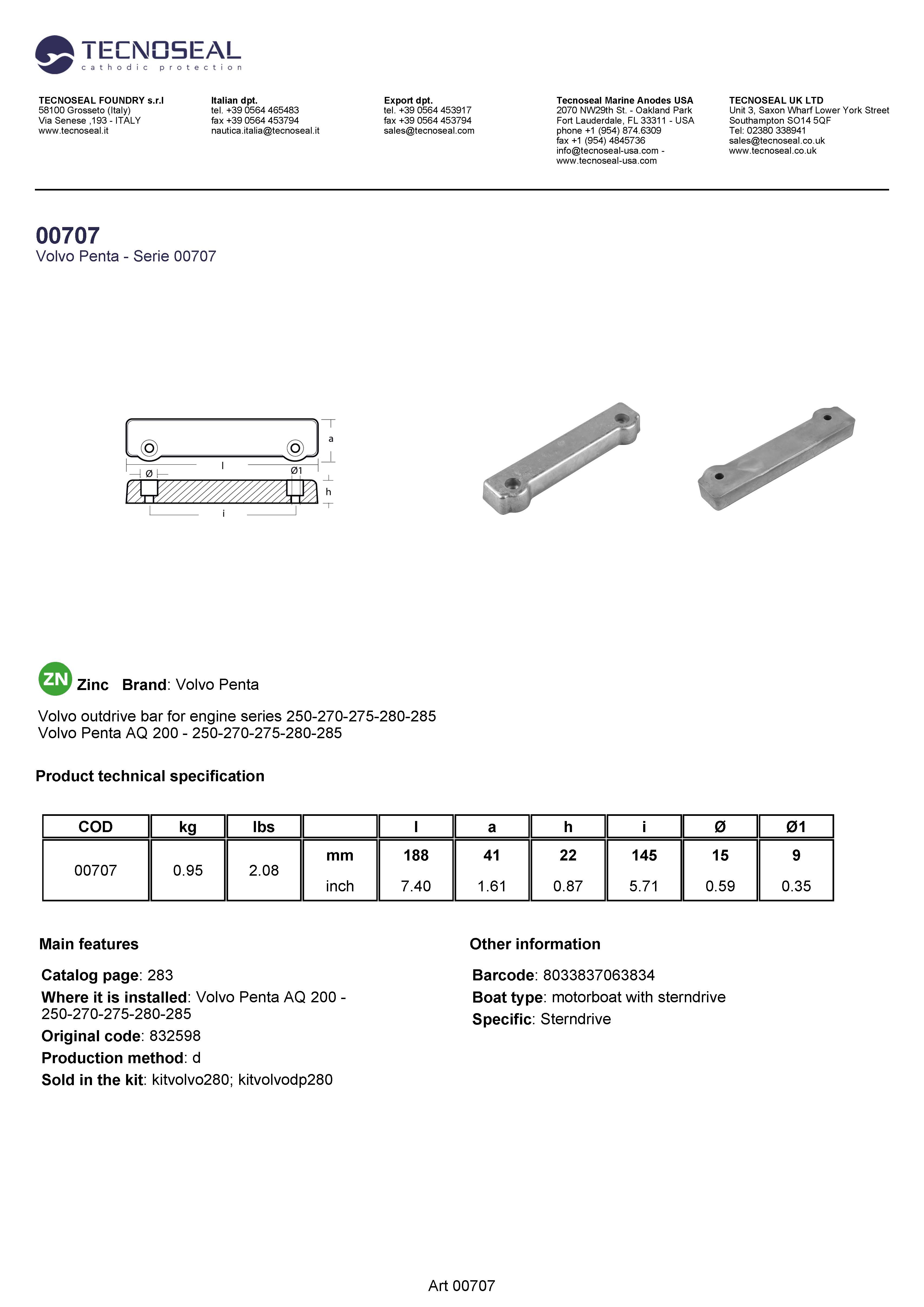 Volvo outdrive bar for engine series 250-270-275-280-285 - 00707 1 - 00707