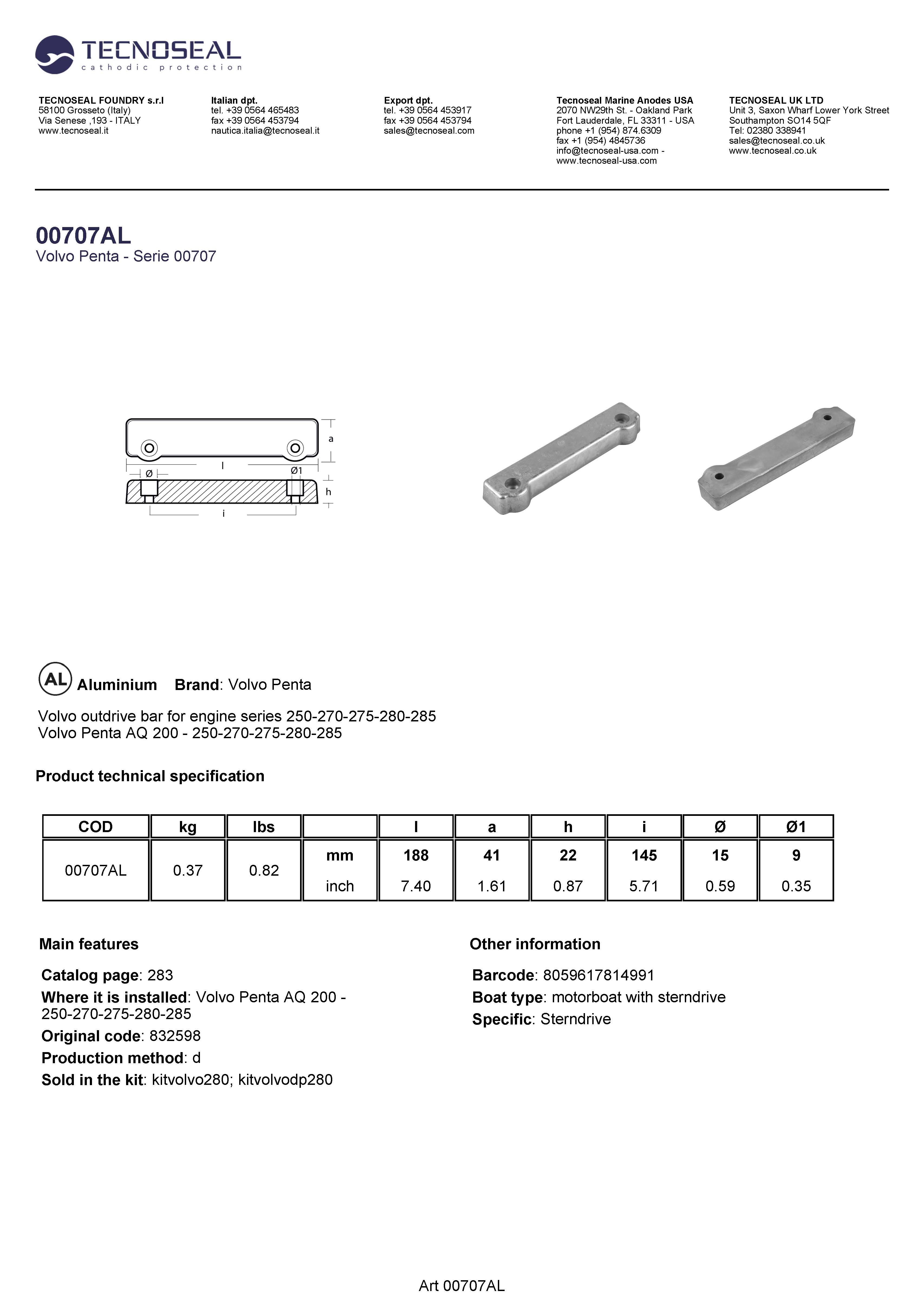 Volvo outdrive bar for engine series 250-270-275-280-285 - 00707al 1 - 00707AL