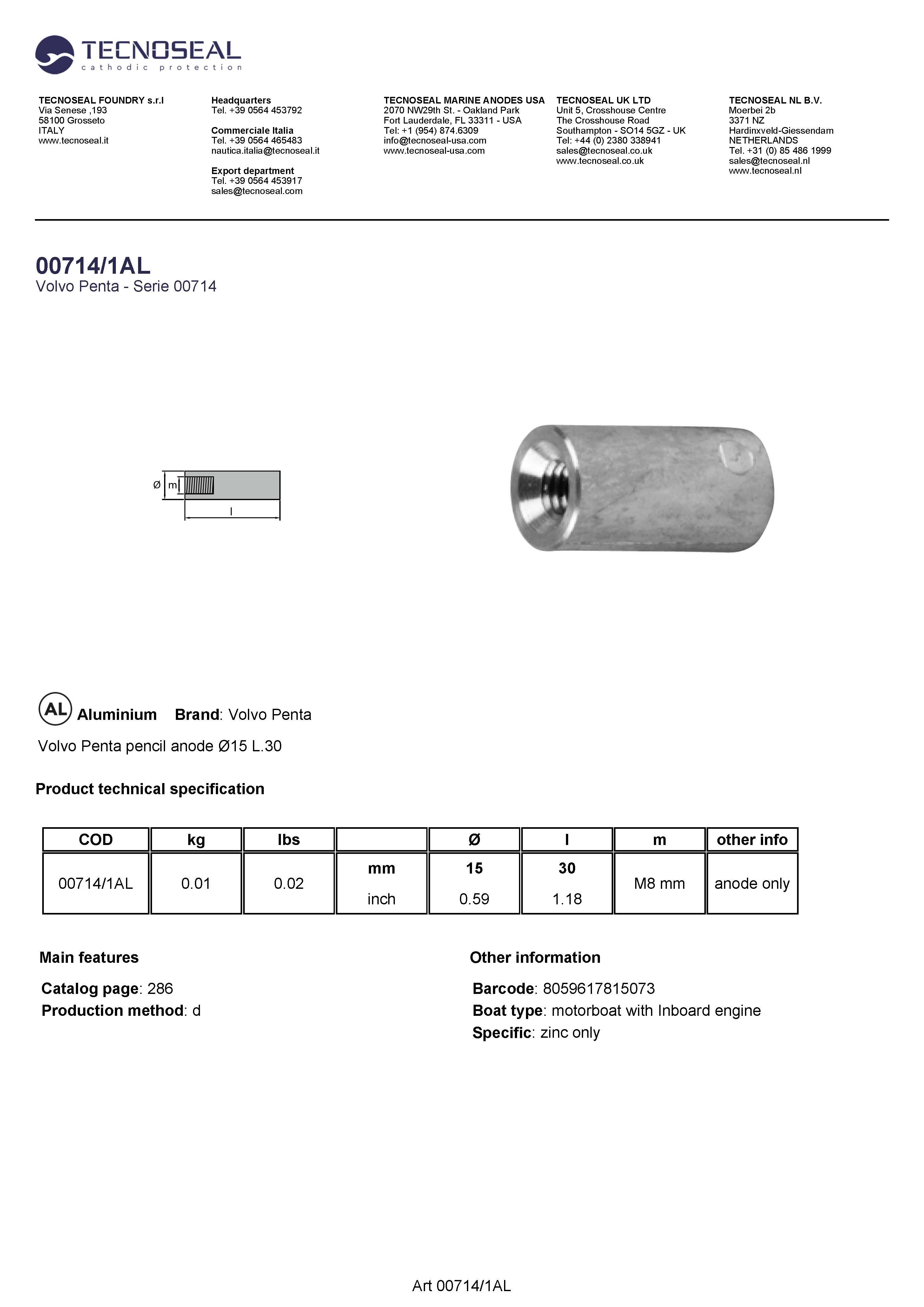 Volvo Penta pencil anode &Oslash;15 L.30 - 00714 1al 1 - 00714-1AL