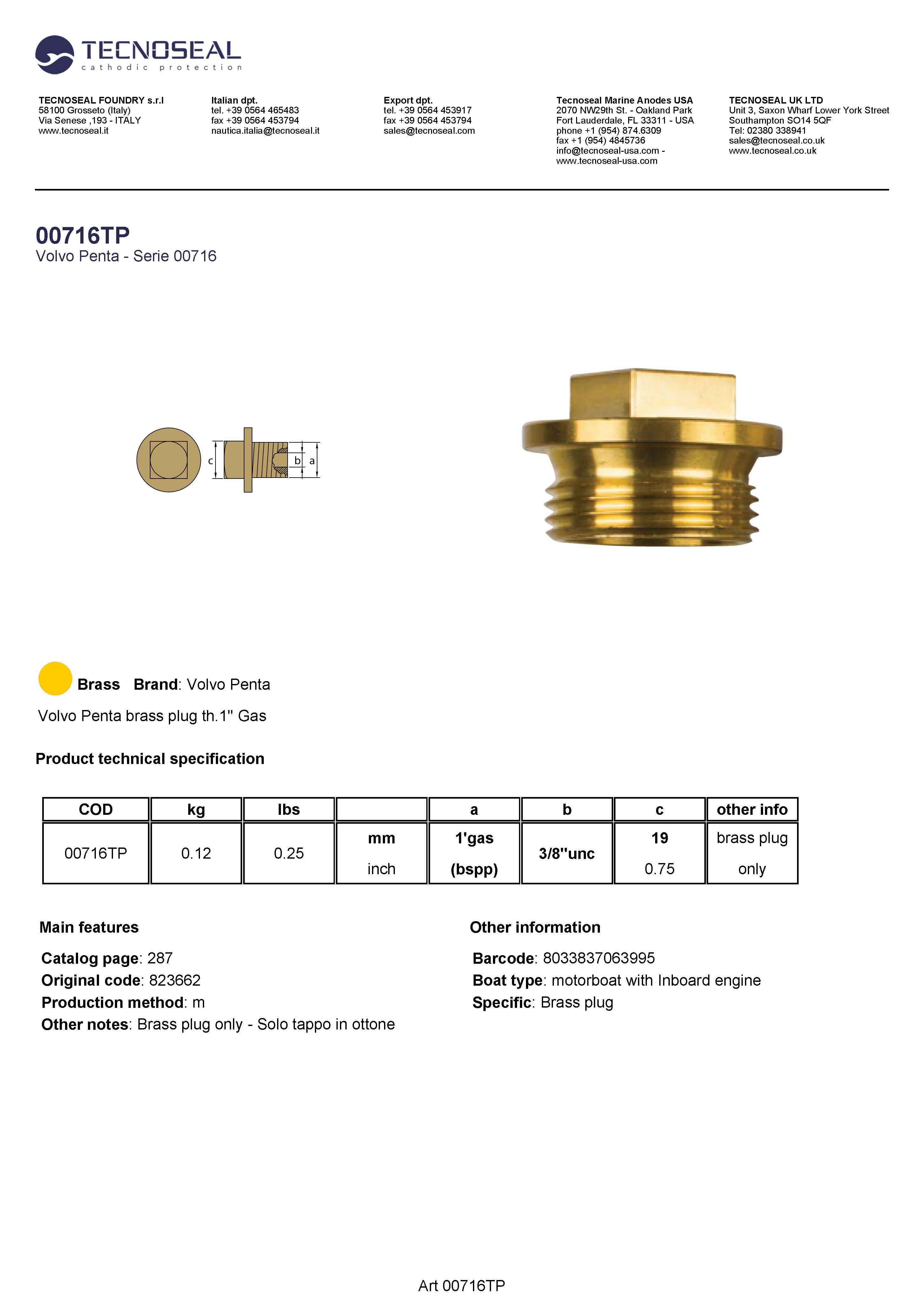 Volvo Penta brass plug th.1'' Gas - 00716tp 1 - 00716TP