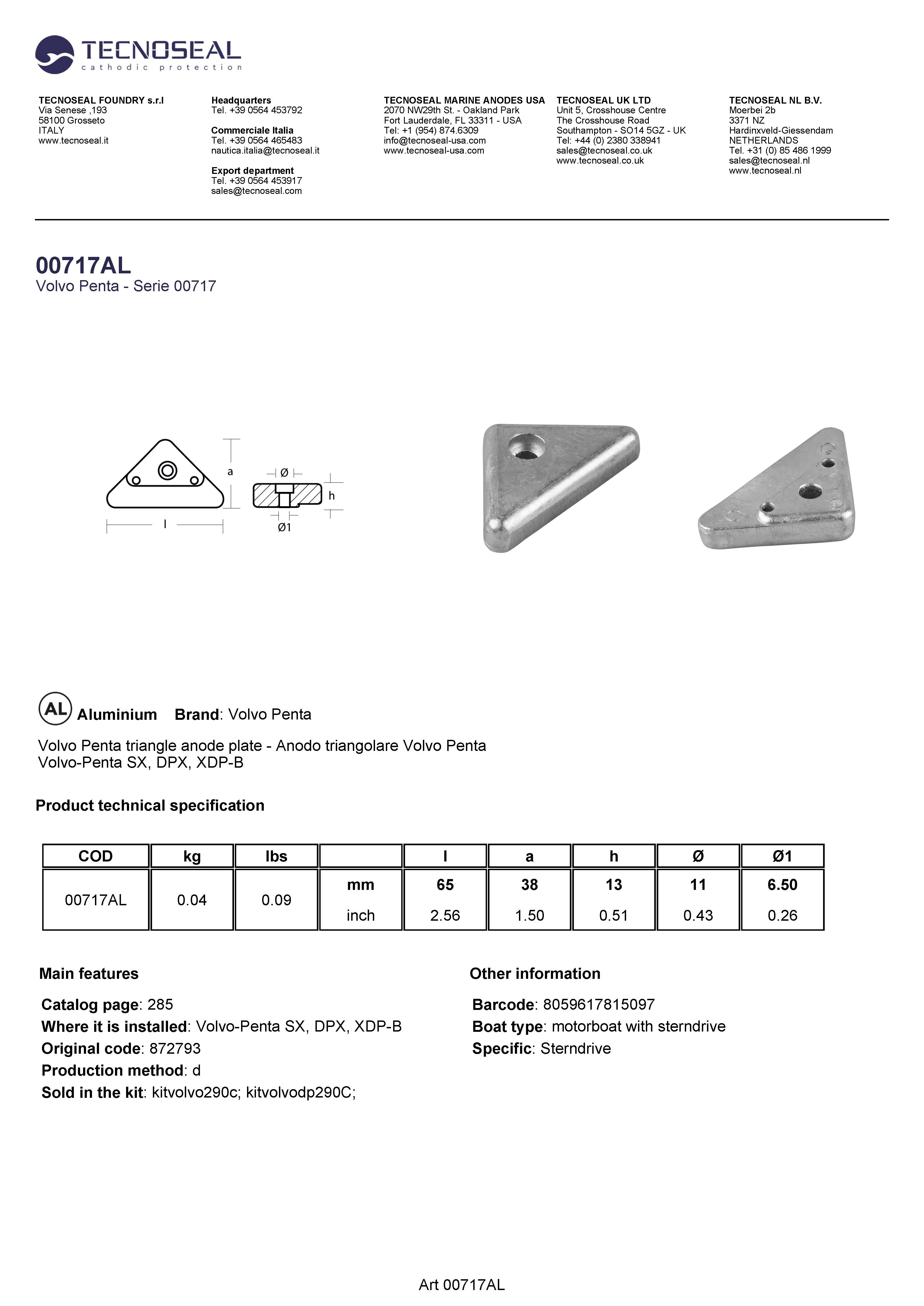 Volvo Penta triangle plate for 290DP, 290, SX, DP-X - 00717al - 00717AL