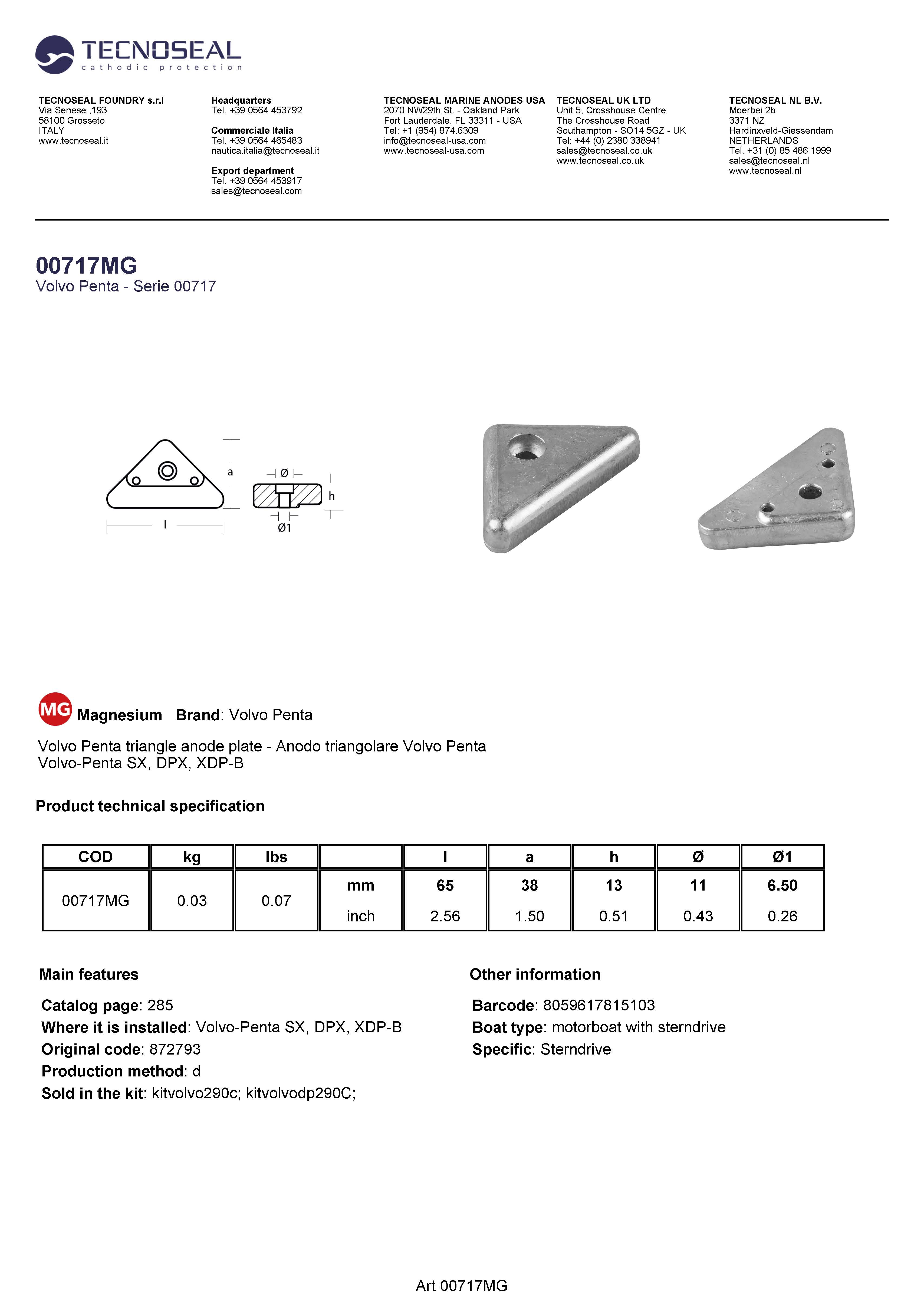 Volvo Penta triangle plate for 290DP, 290, SX, DP-X - 00717mg - 00717MG
