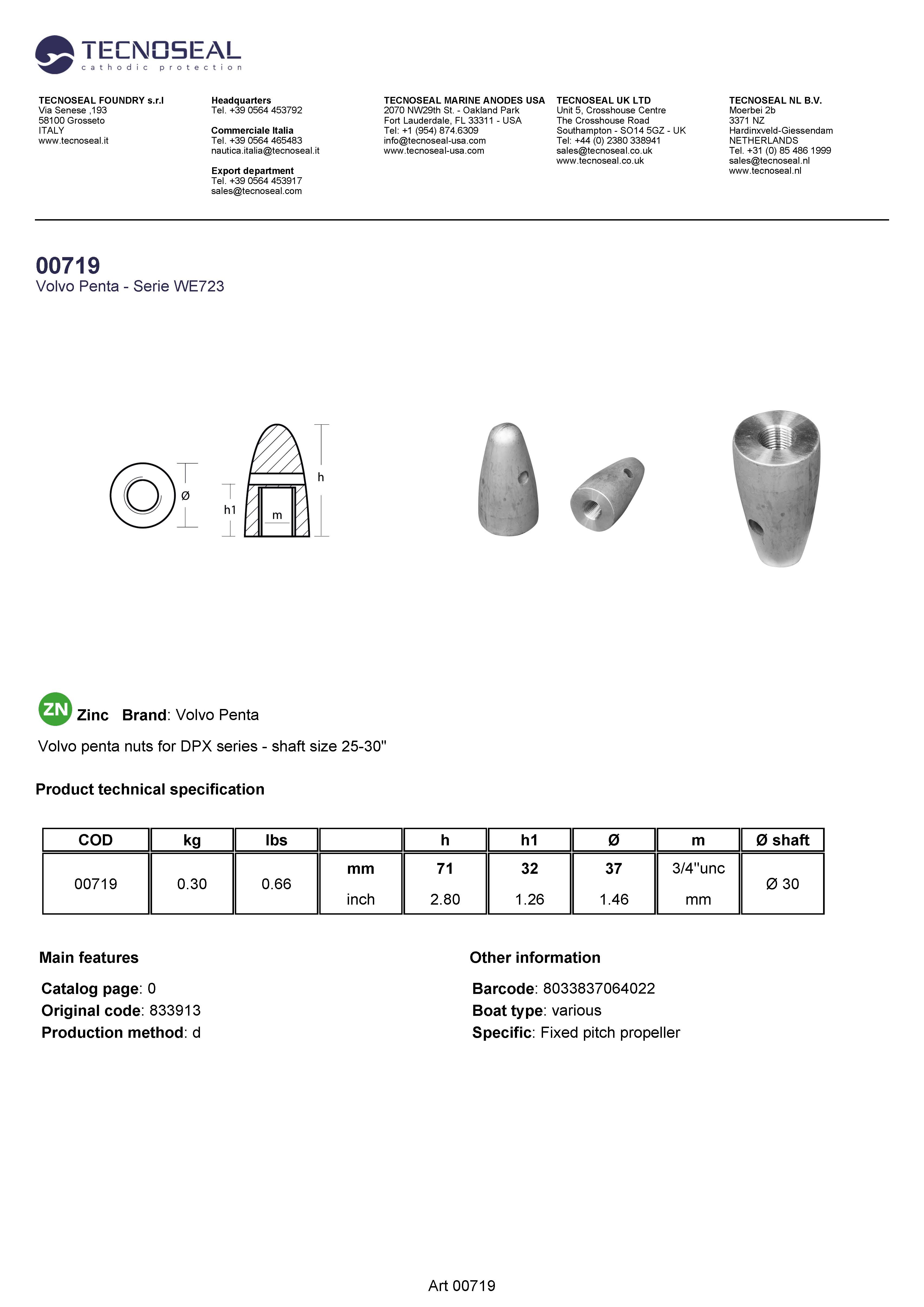 Volvo penta nuts for DPX series - shaft size 25-30" - 00719 - 00719