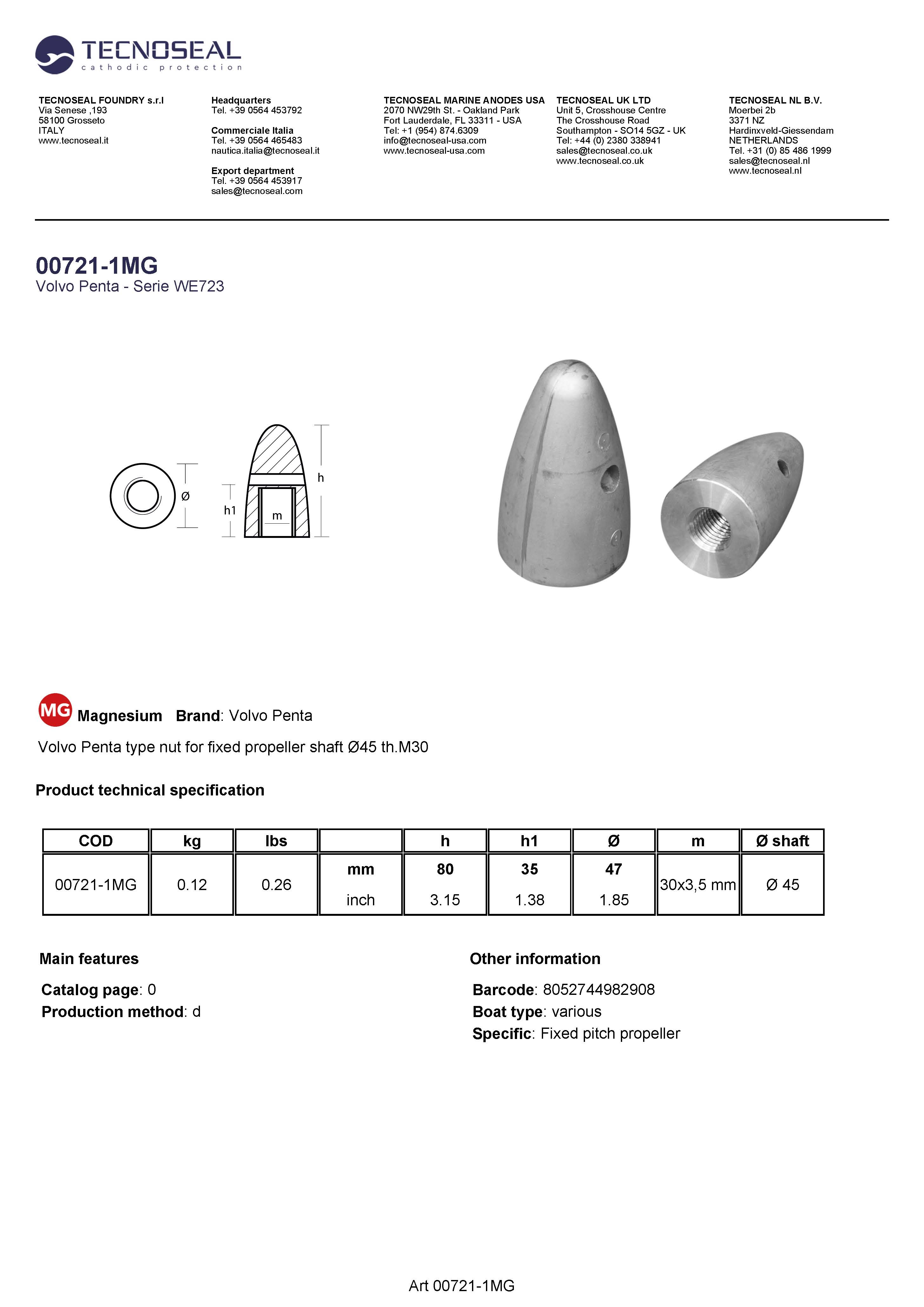 Volvo Penta type nut for fixed propeller shaft &Oslash;45  th.M30 - 00721 1mg - 00721-1MG