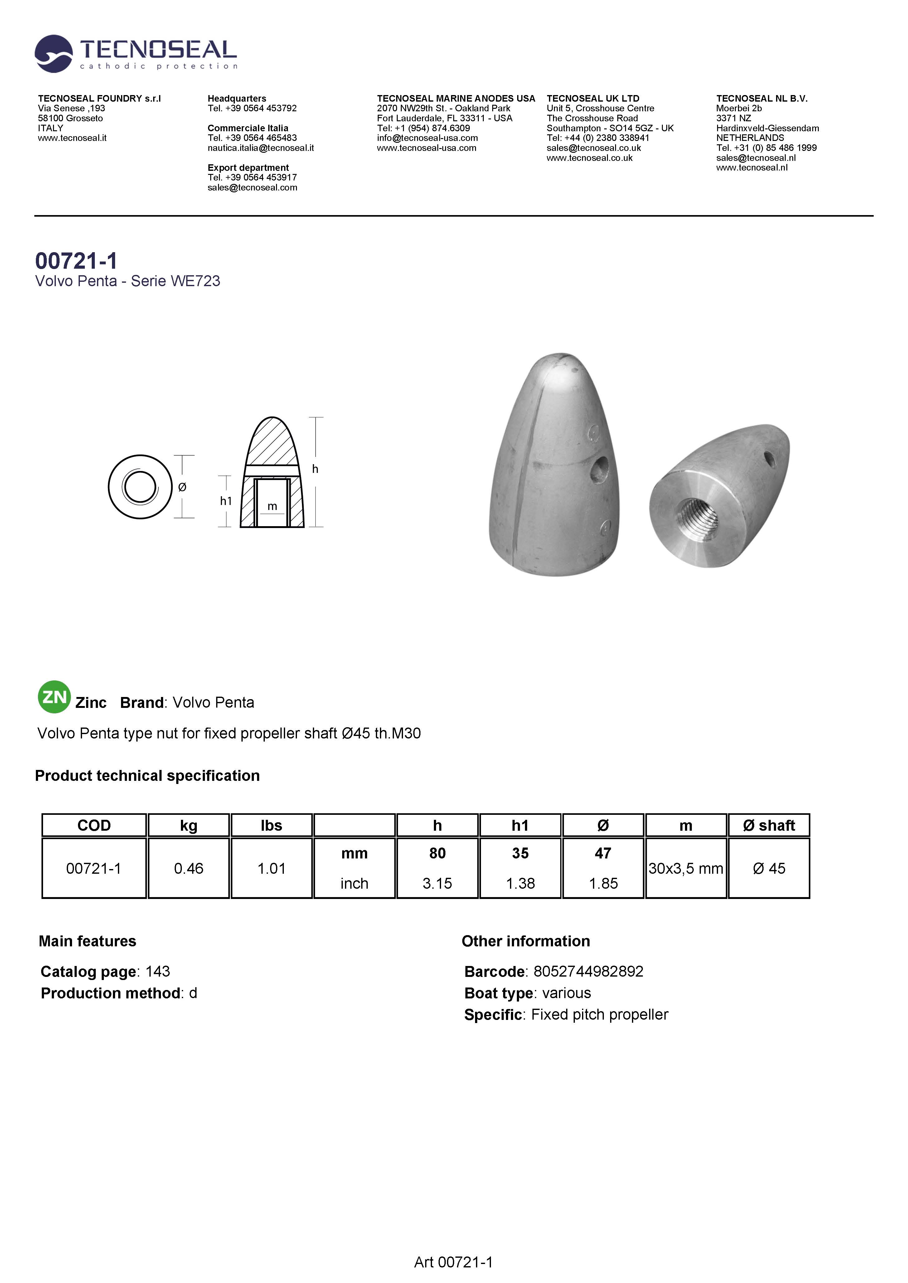 Volvo Penta type nut for fixed propeller shaft &Oslash;45  th.M30 - 00721 2 - 00721-1