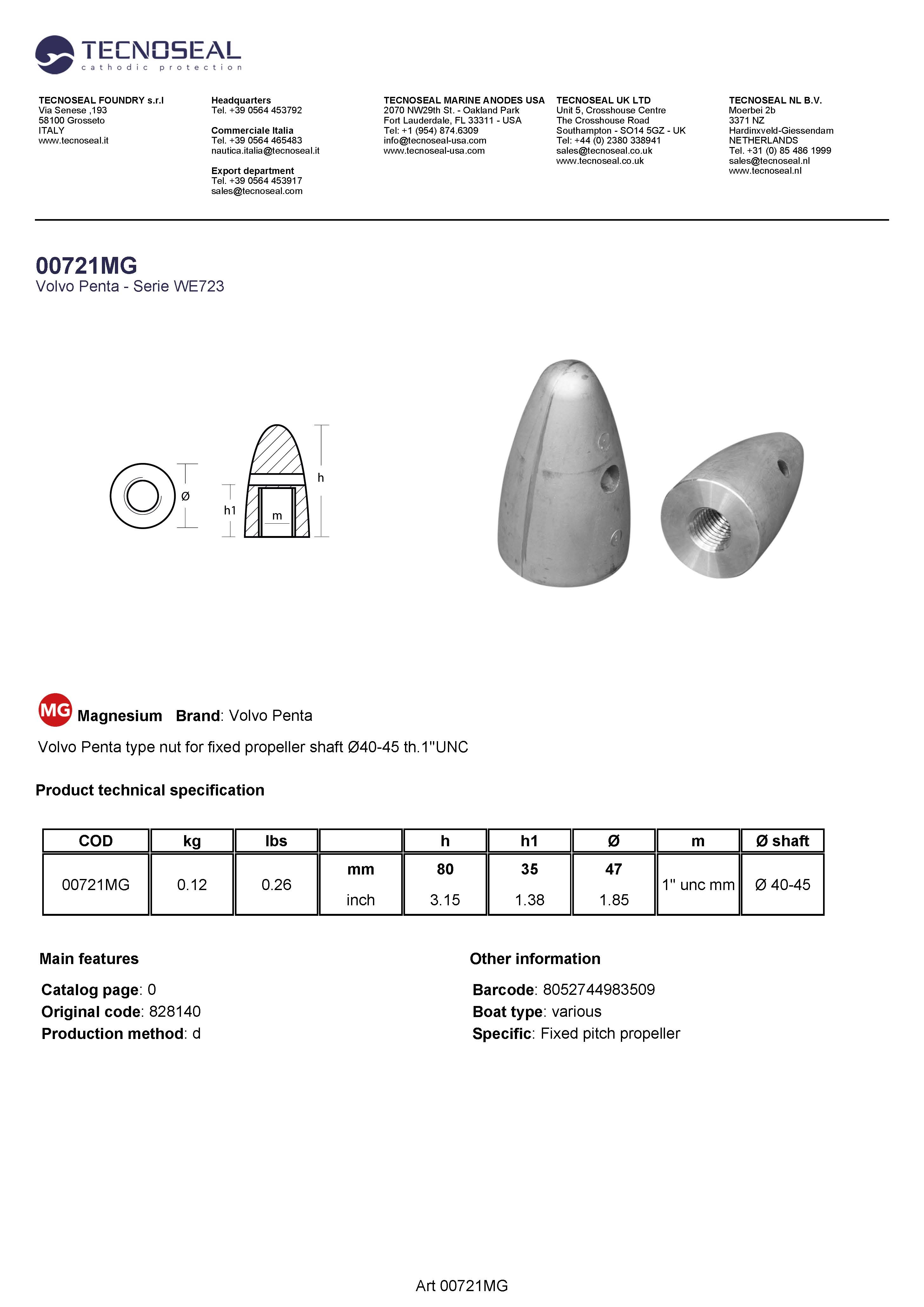 Volvo Penta type nut for fixed propeller &Oslash;40-45  th.1''UNC - 00721mg - 00721MG