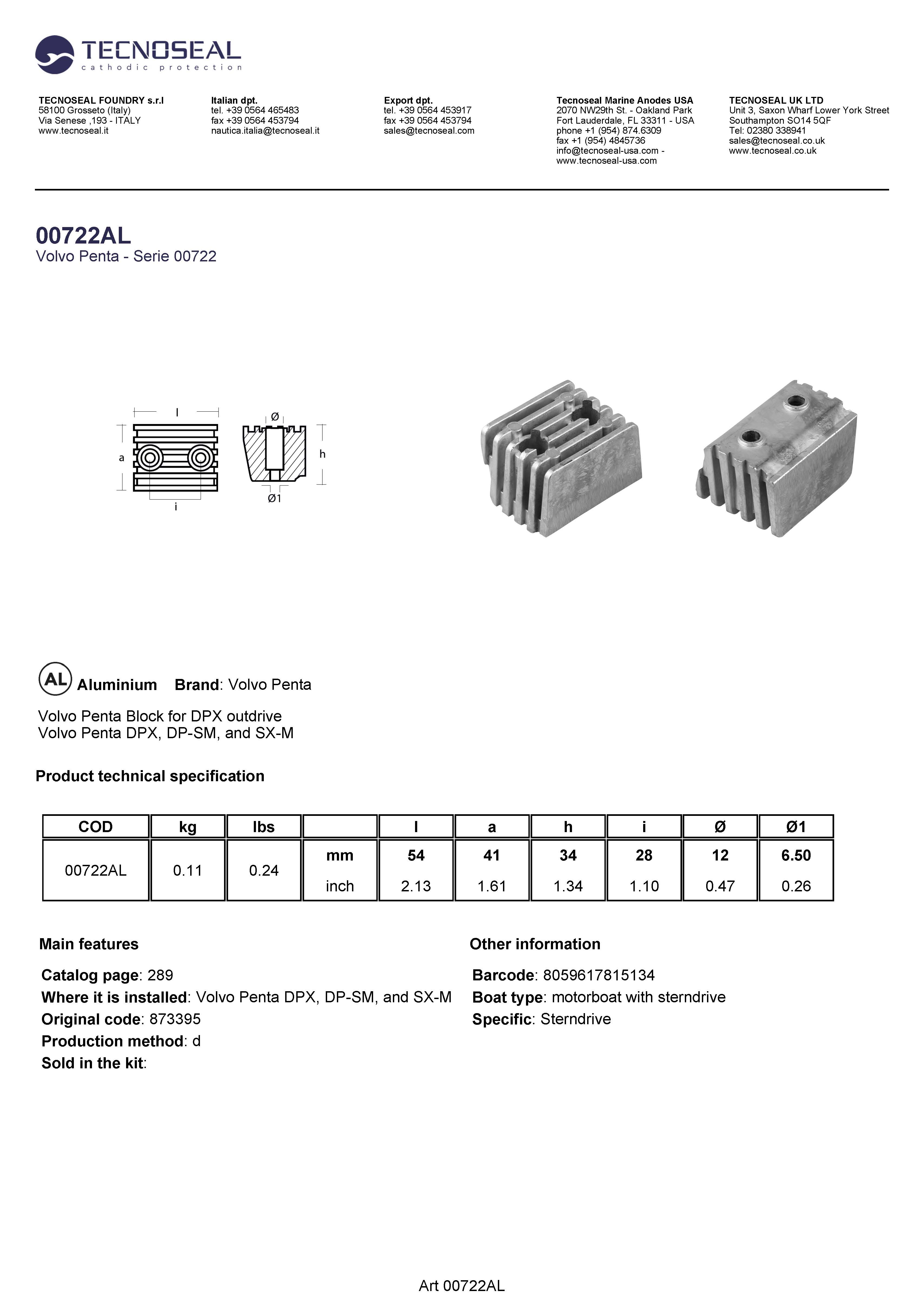 Volvo Penta Block for DPX outdrive - 00722al - 00722AL