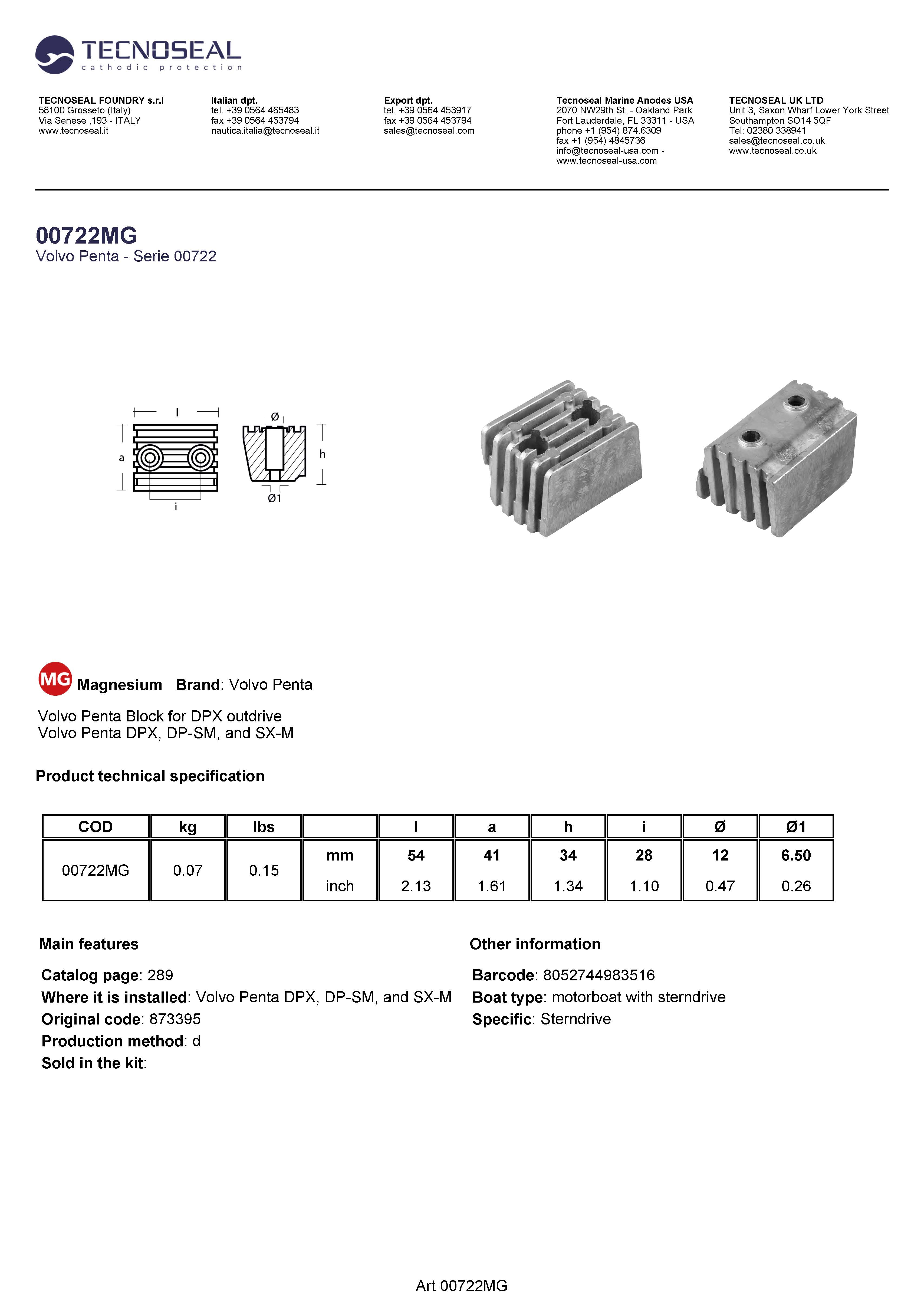 Volvo Penta Block for DPX outdrive - 00722mg - 00722MG