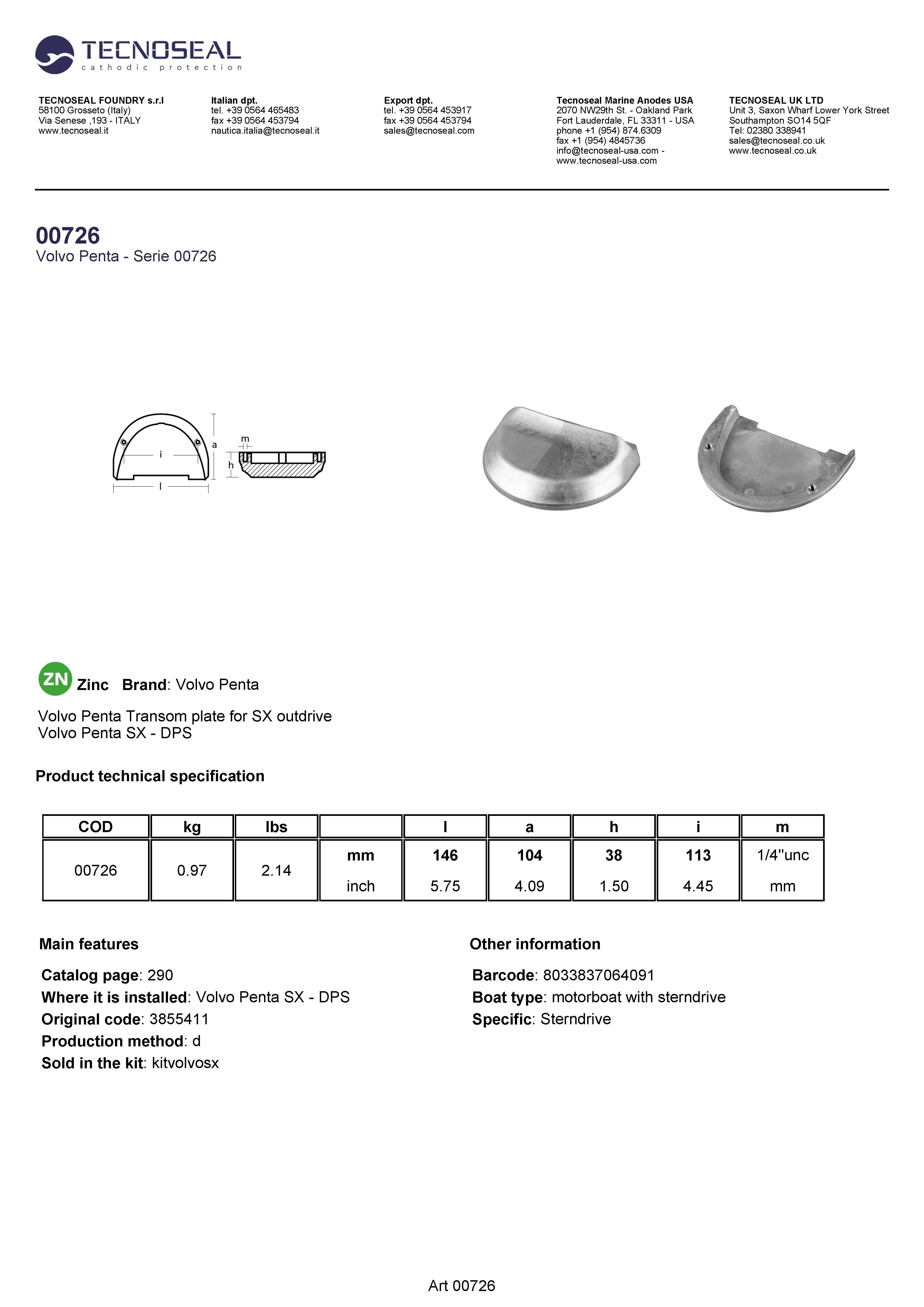 Volvo Penta  Transom plate for SX outdrive - 00726 1 - 00726