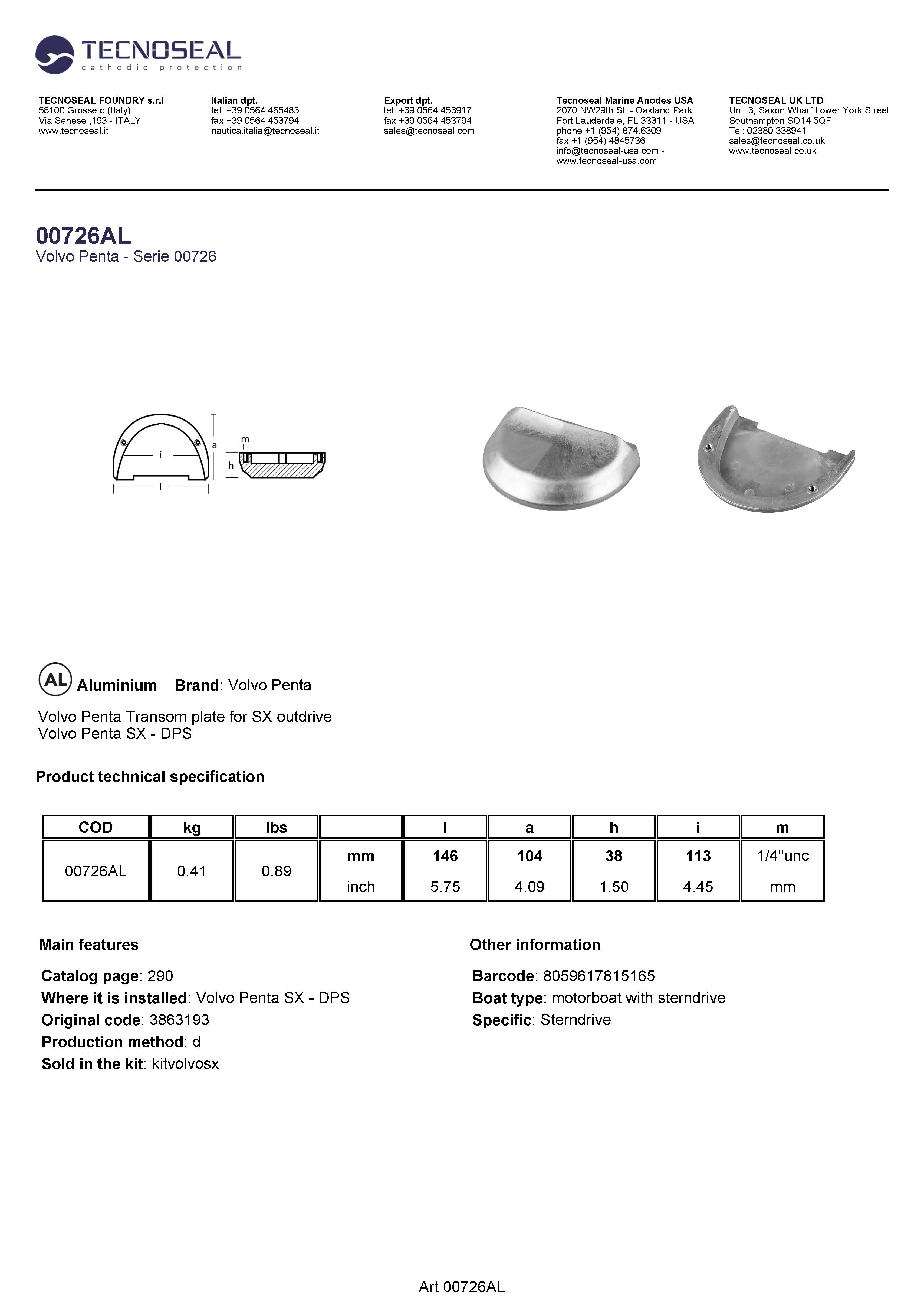 Volvo Penta  Transom plate for SX outdrive - 00726al - 00726AL