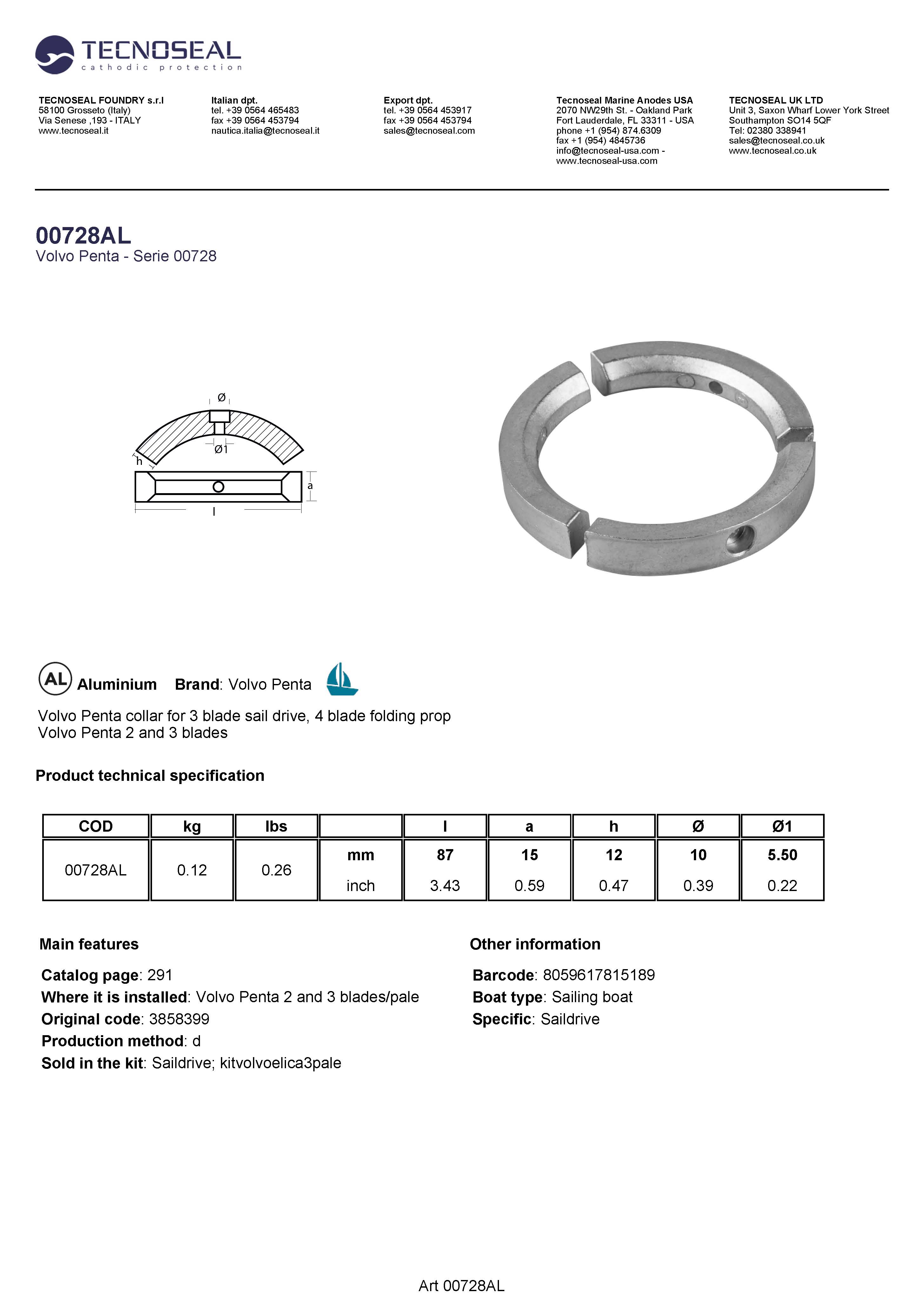 Volvo  Penta collar 3 blade sail drive, 4 blade folding prop - 00728al 1 - 00728AL