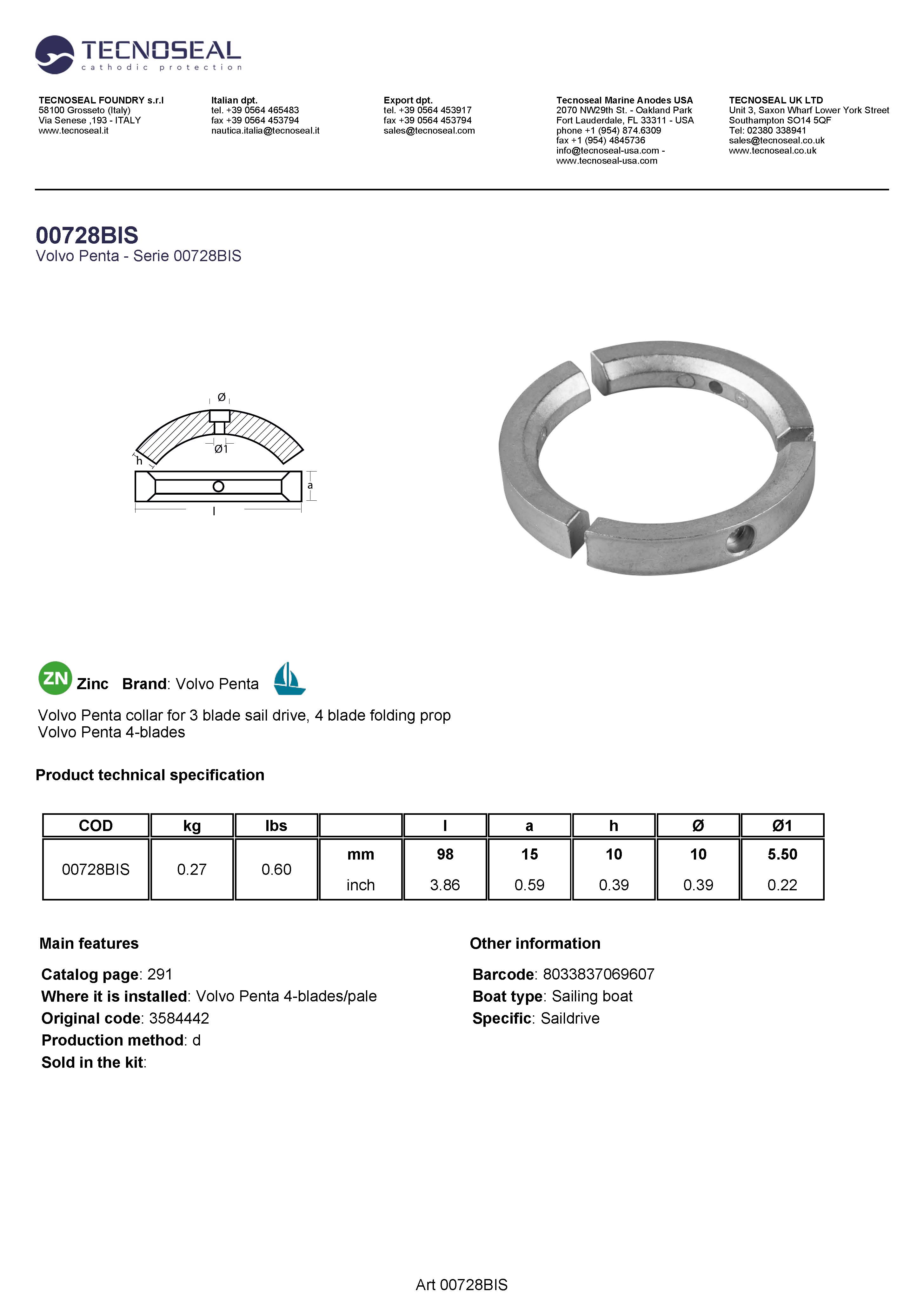 Volvo  Penta collar 3 blade sail drive, 4 blade folding prop - 00728bis - 00728BIS