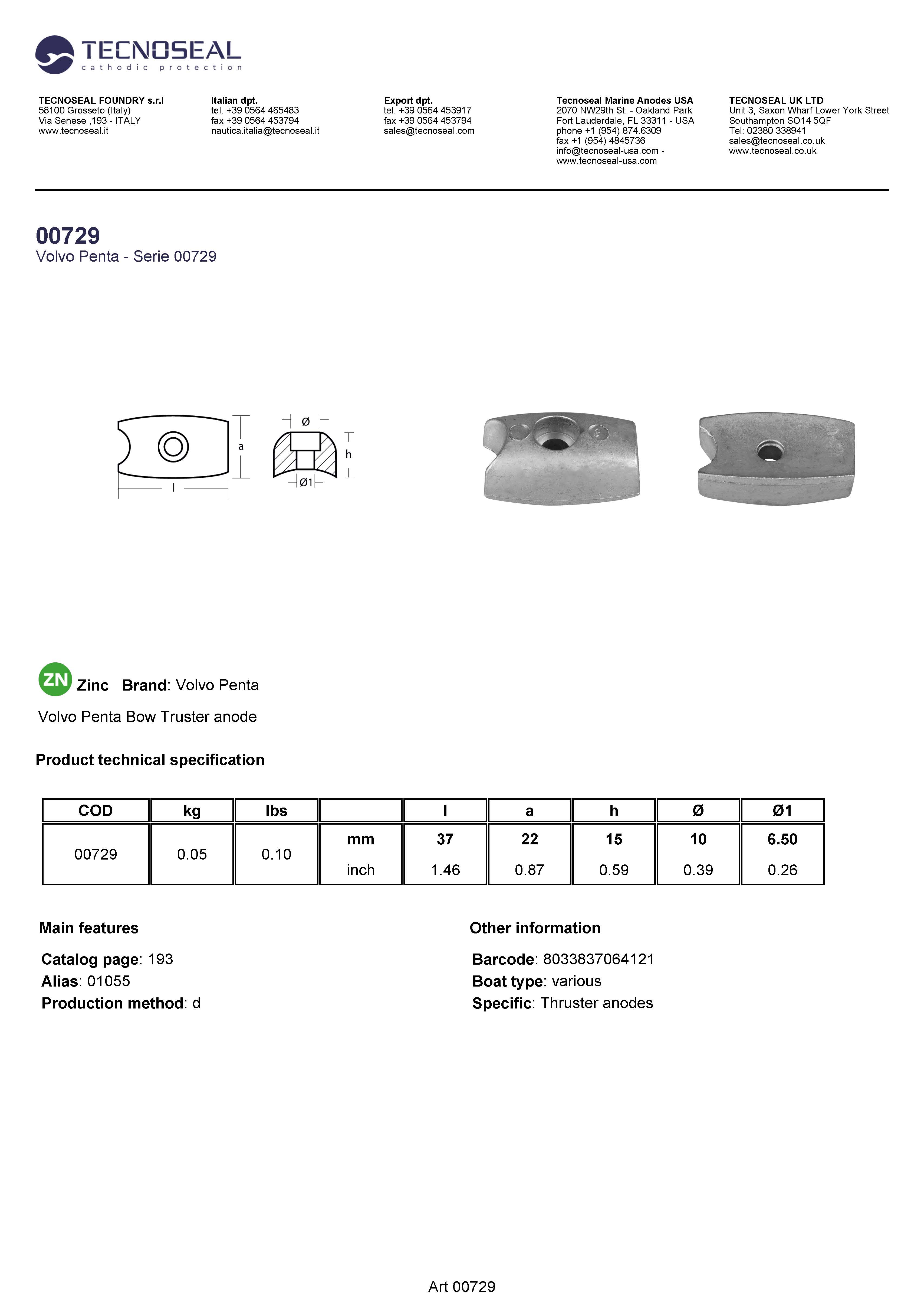 Volvo Penta Bow Thrust anode - 00729 - 00729