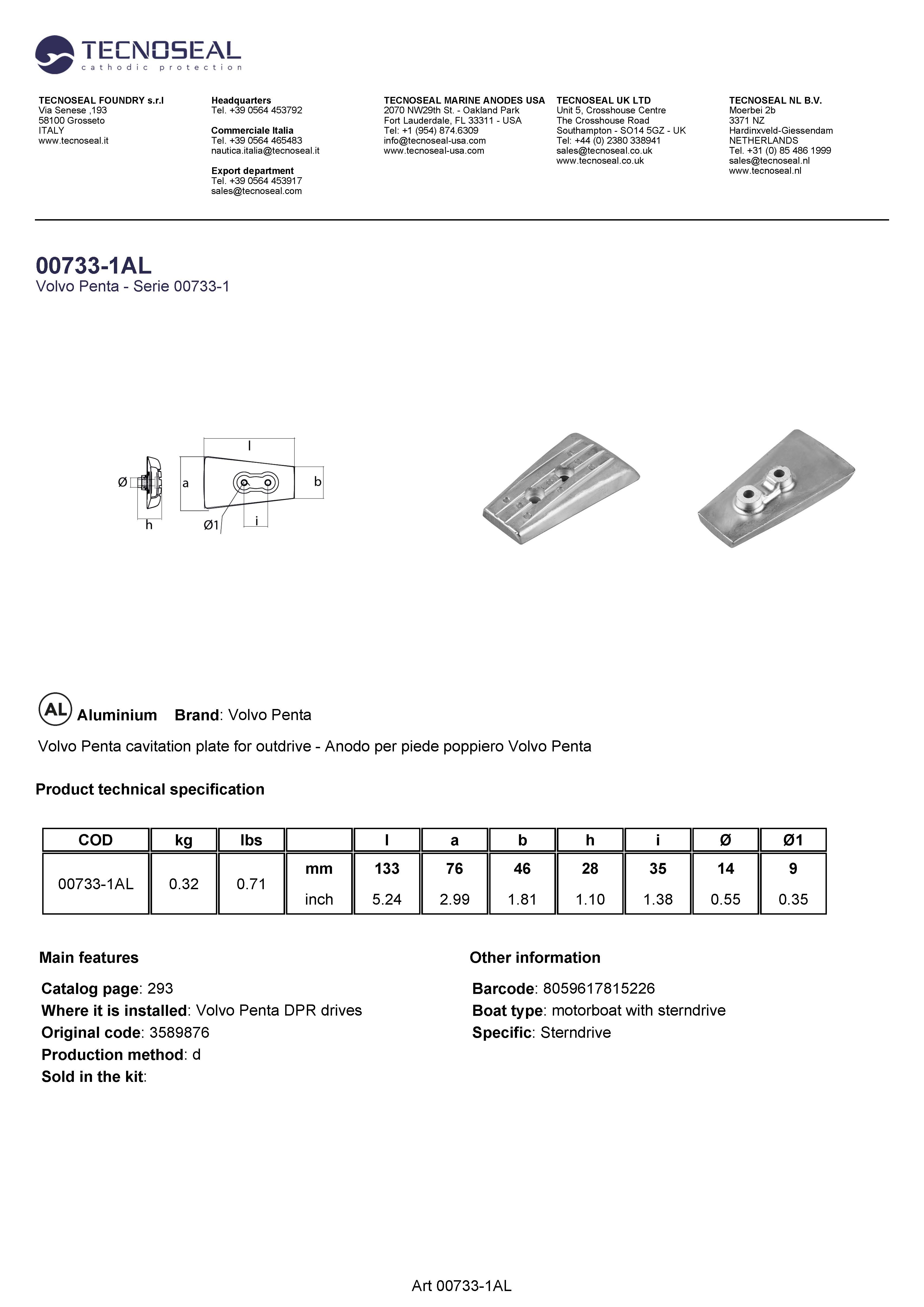 Volvo Penta Plate for outdrive DPH/DPR - 00733 1al - 00733-1AL