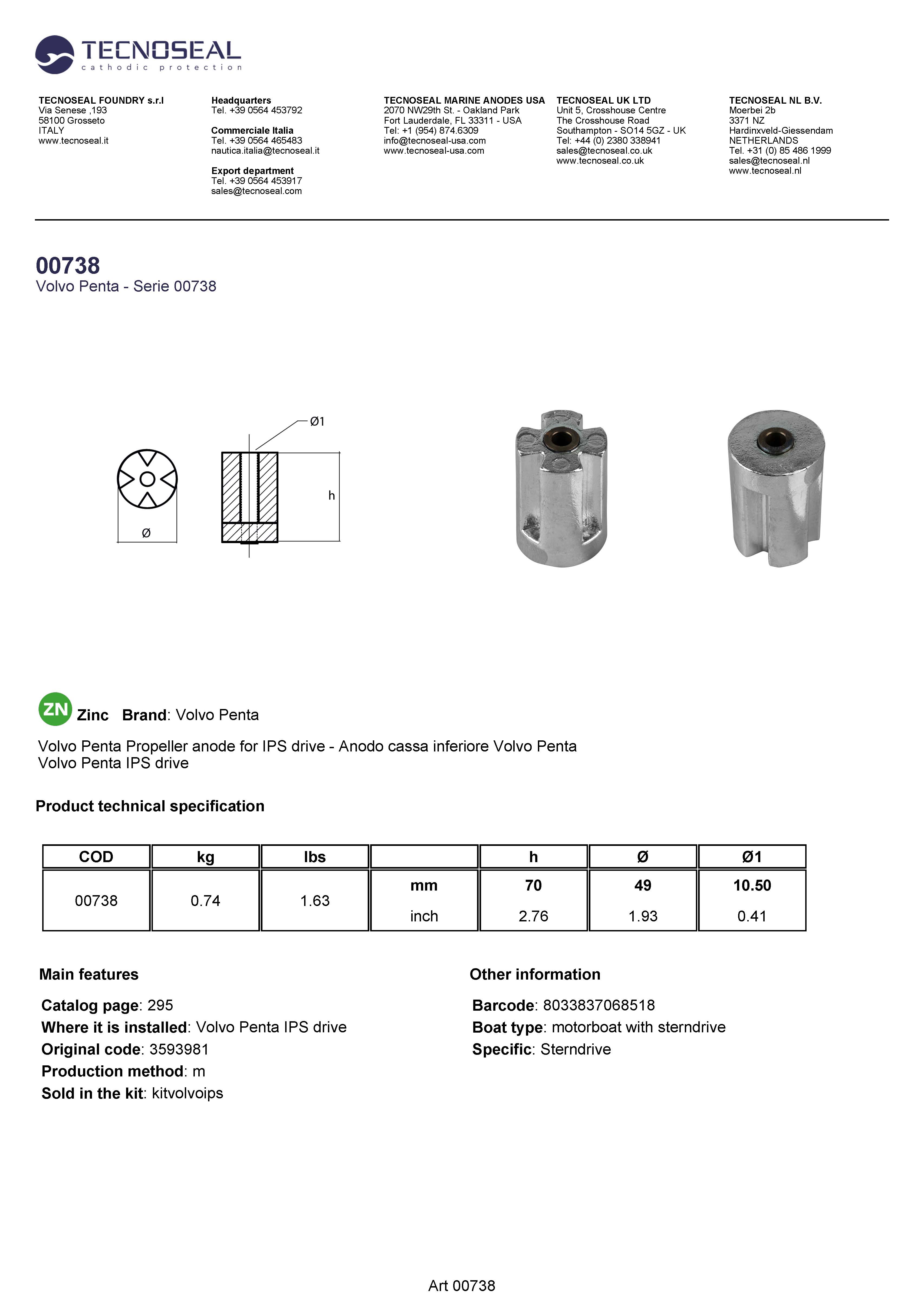 Volvo Penta Propeller anode for IPS drive - 00738 1 - 00738