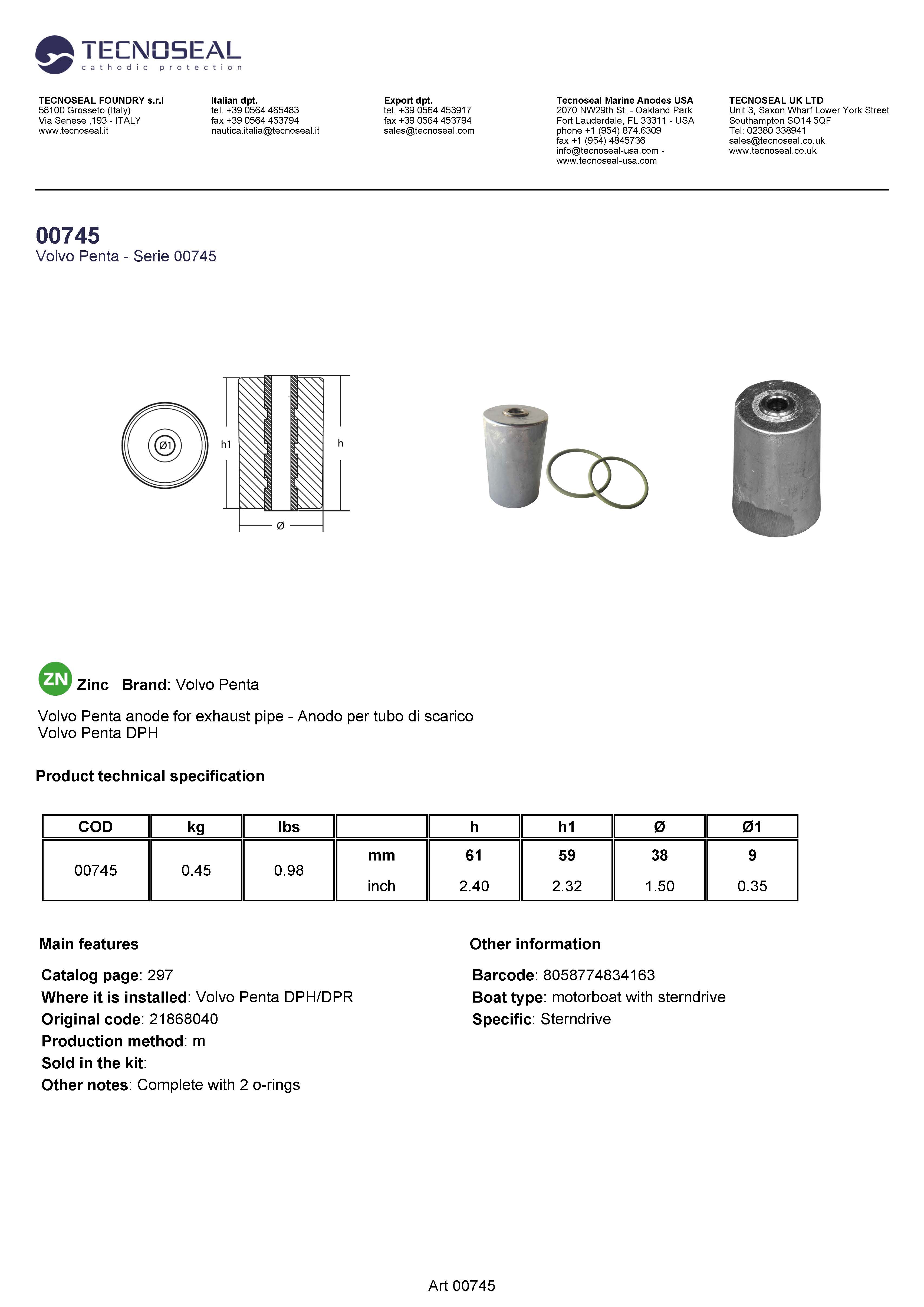 Volvo Penta anode exhaust pipe - Anodo per tubo di scarico - 00745 - 00745