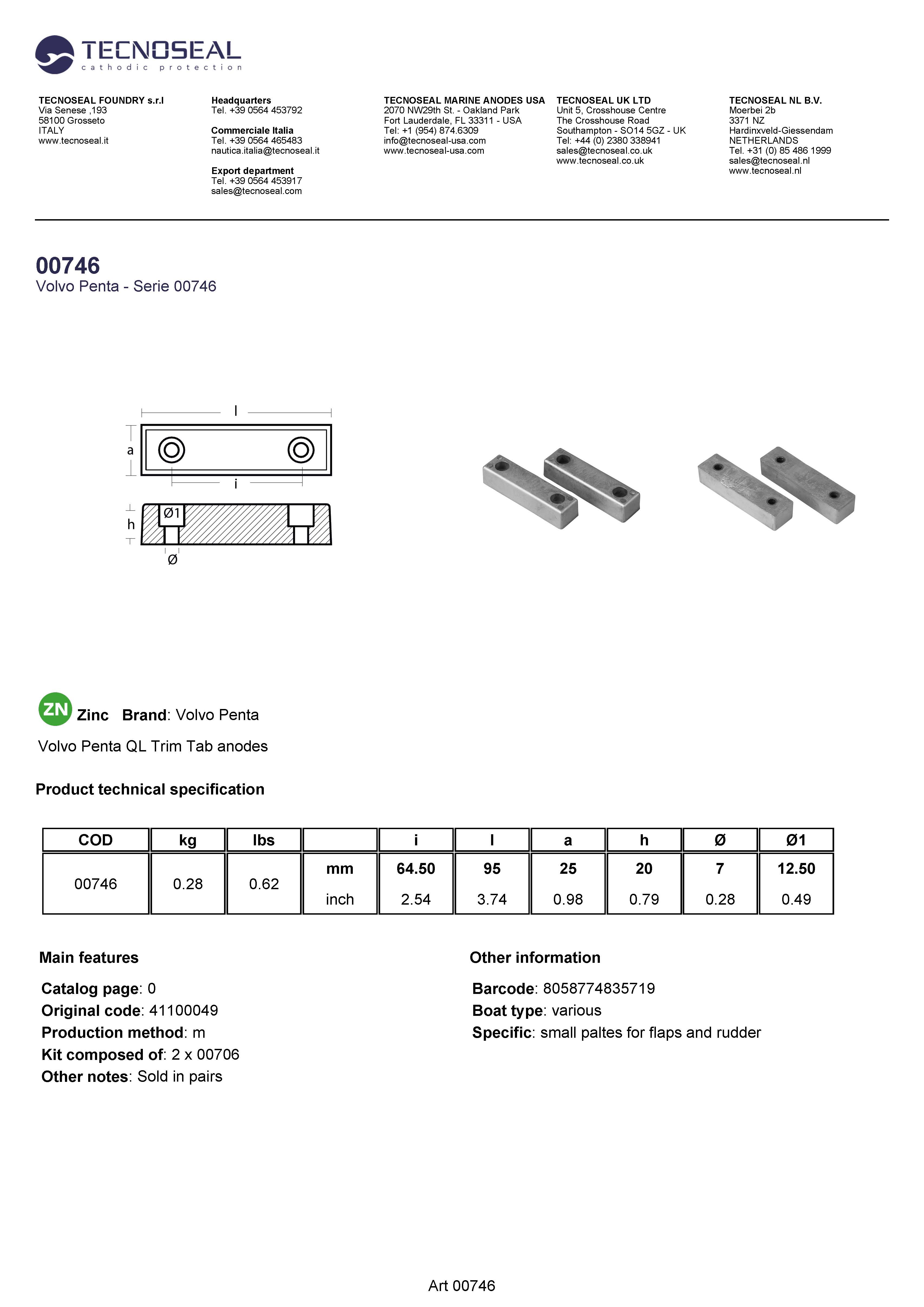 Volvo Penta QL Trim Tab anodes - 00746 - 00746