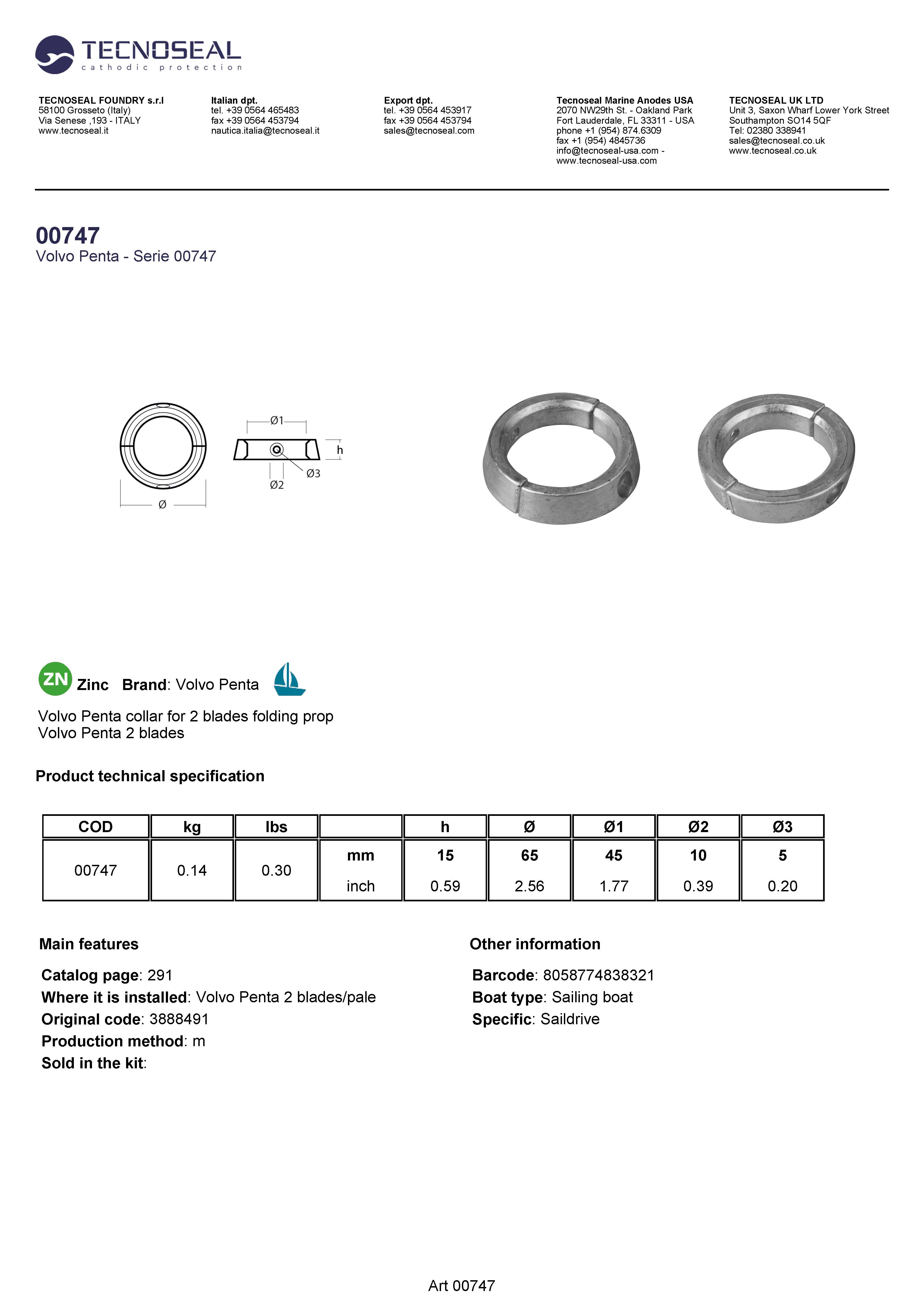 Volvo  Penta collar for folding propeller - 00747 - 00747