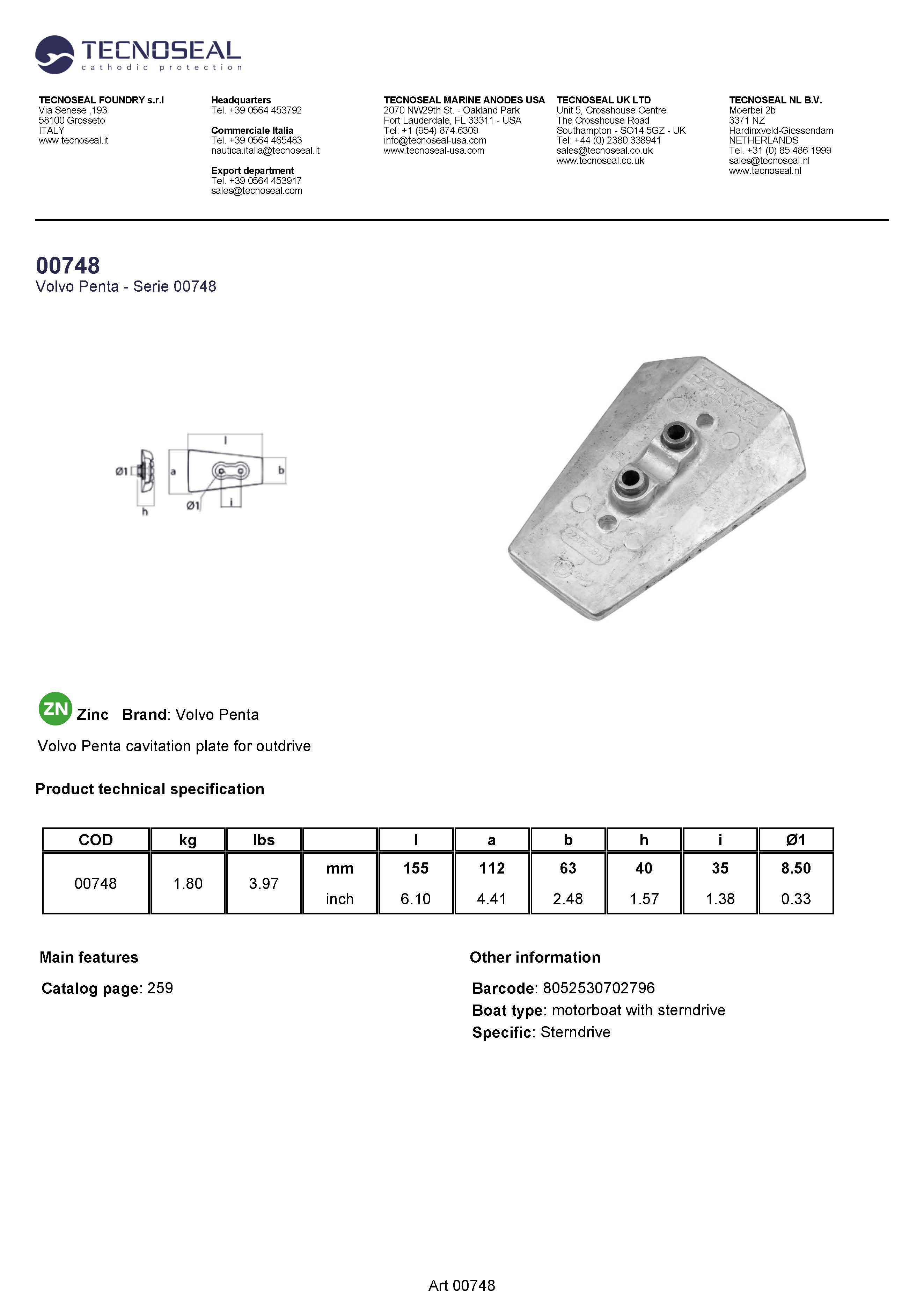 Volvo Penta Trim Tab anodes - 00748 - 00748