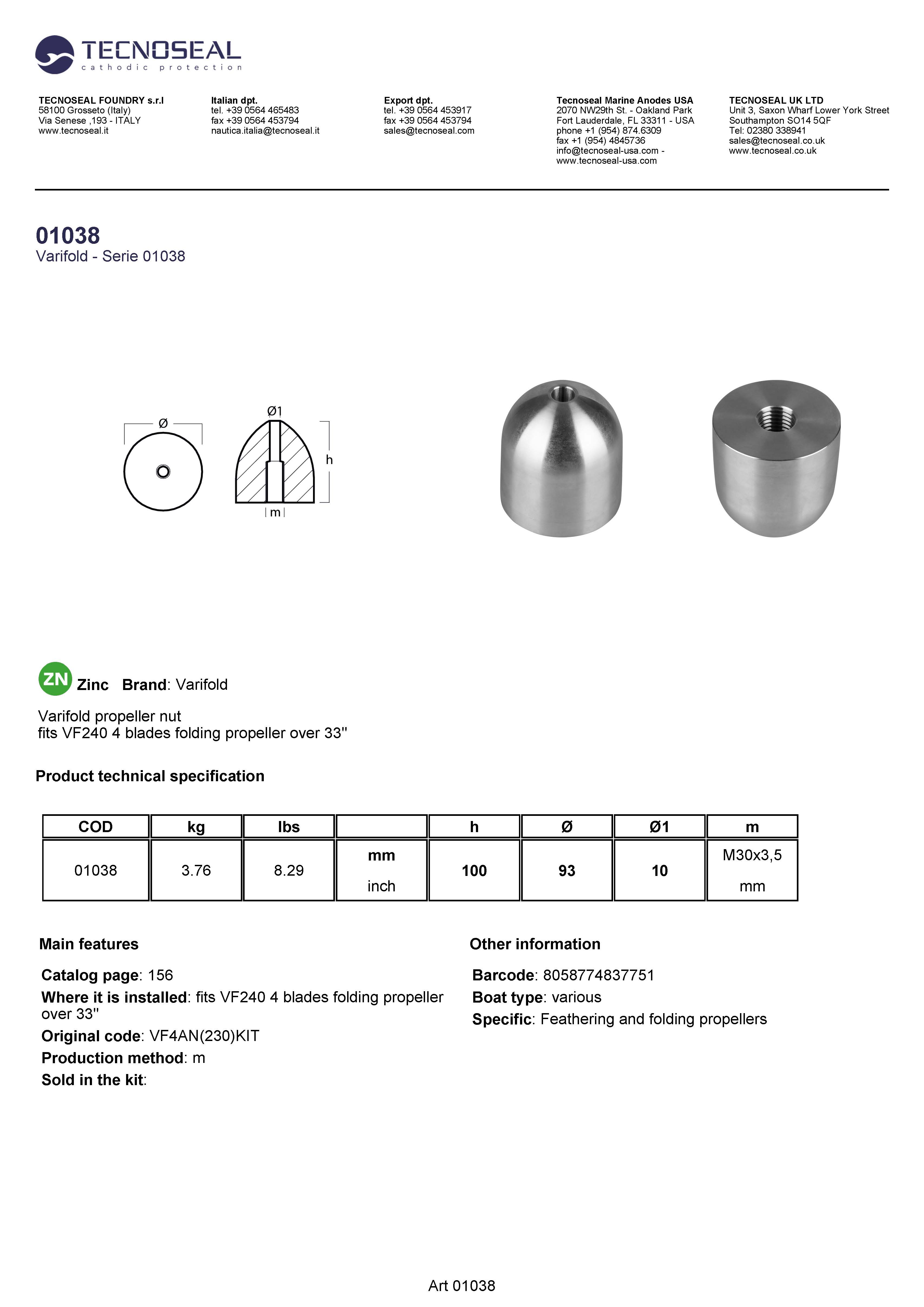 Varifold propeller nut - Ogiva per eliche Varifold - 01038 1 - 01038