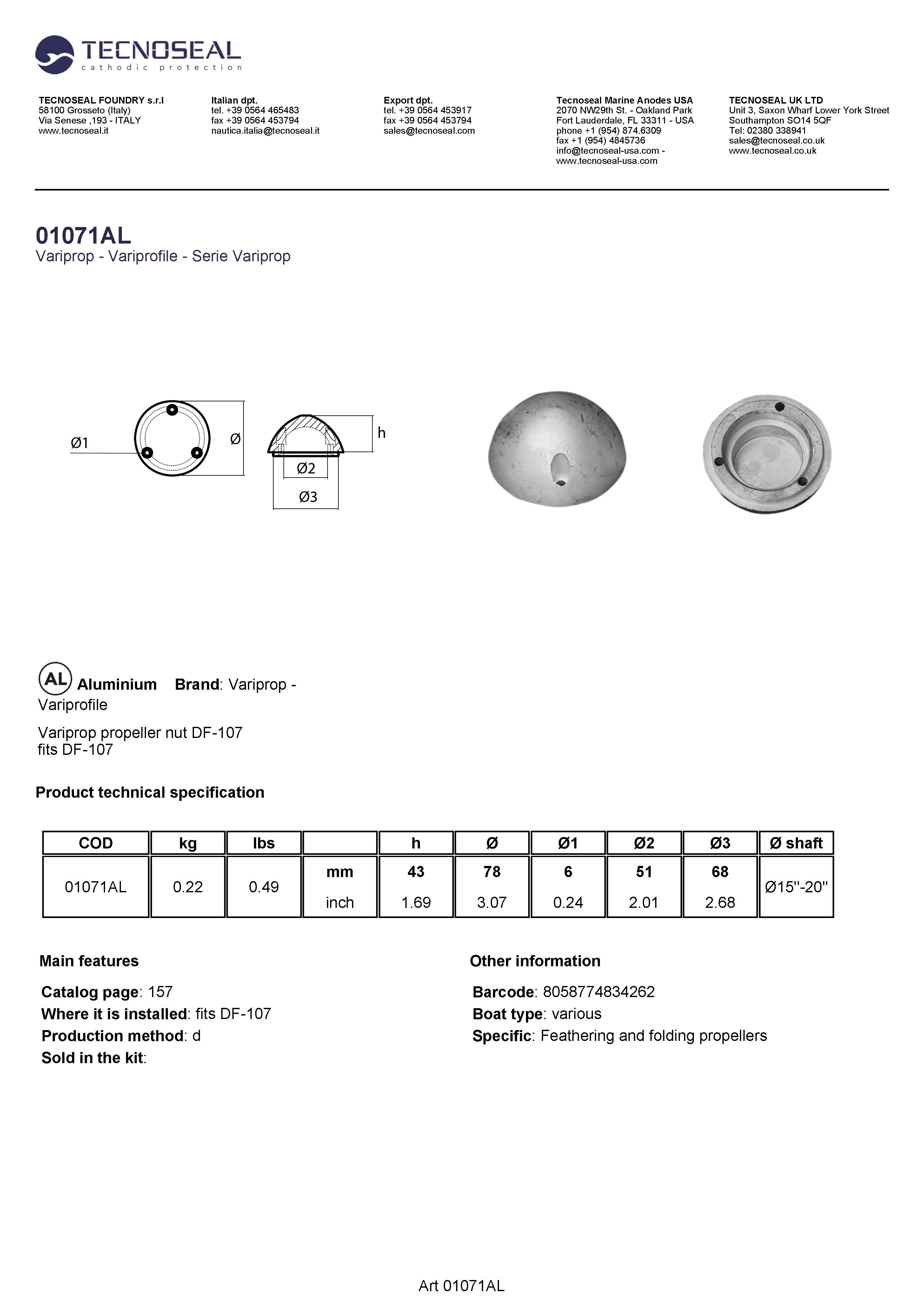 Variprop propeller nut DF-107 - 01071al - 01071AL