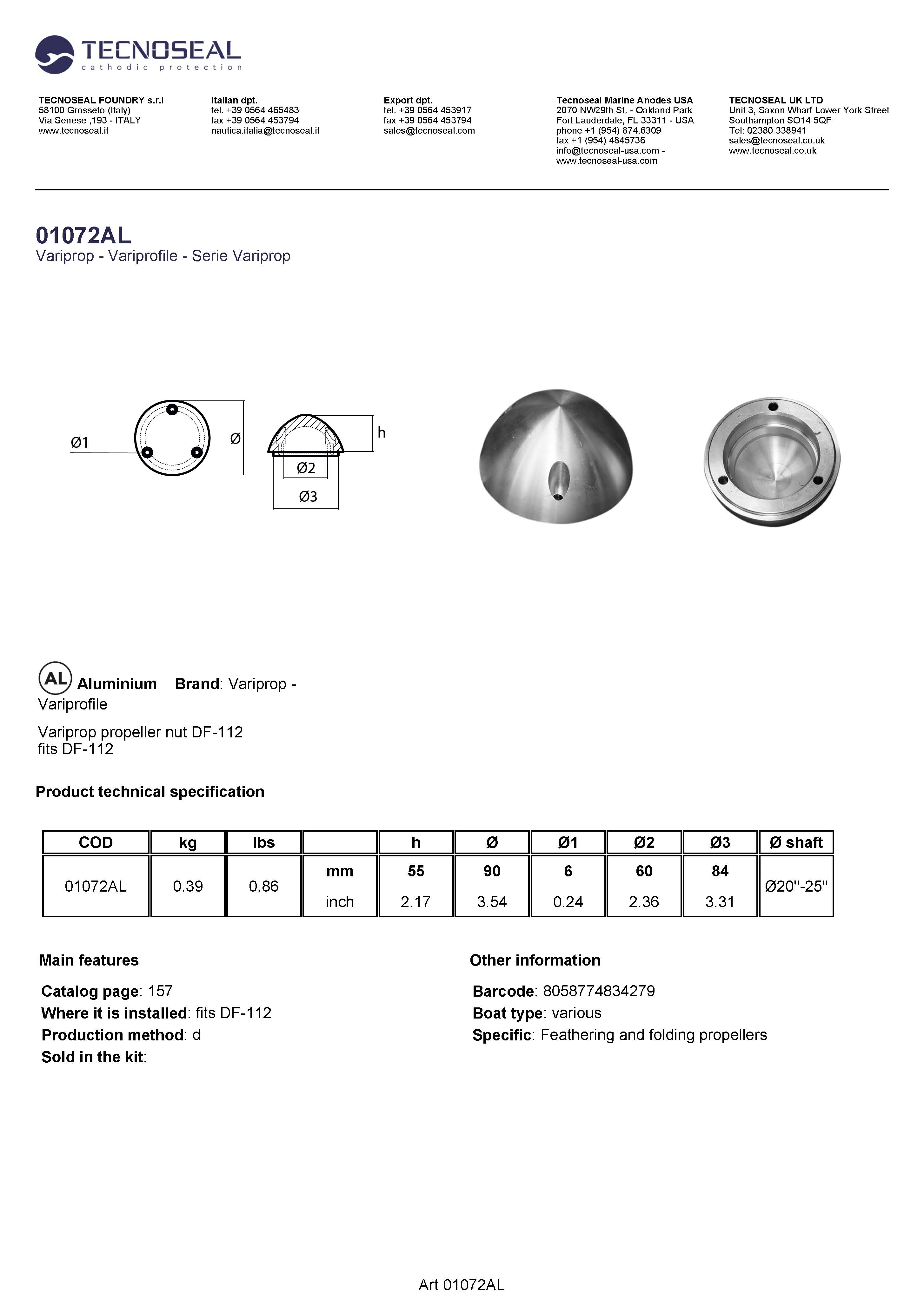 Variprop propeller nut DF-112 - 01072al - 01072AL