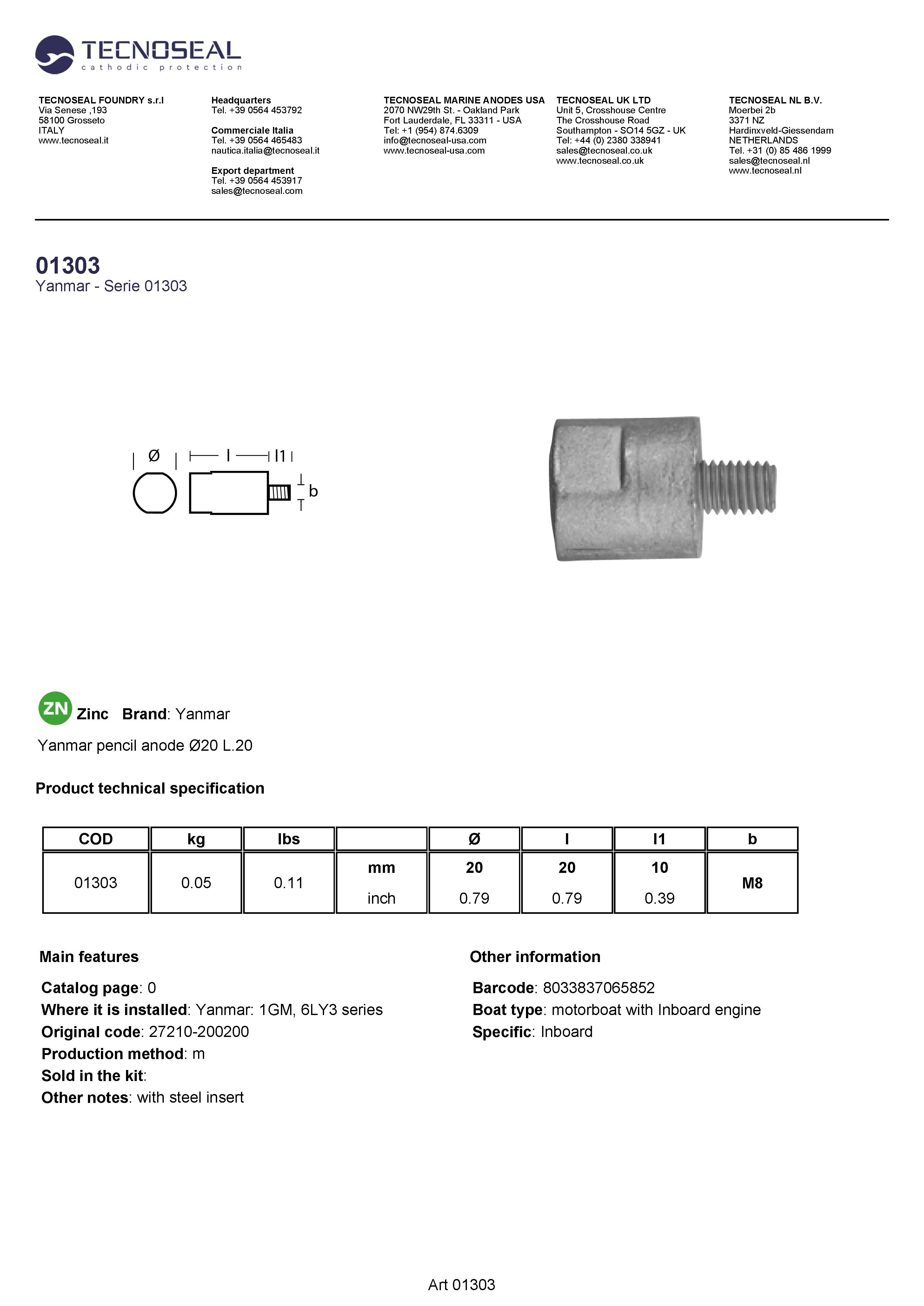Yanmar pencil anode &Oslash;20 L.20 - 01303 1 - 01303