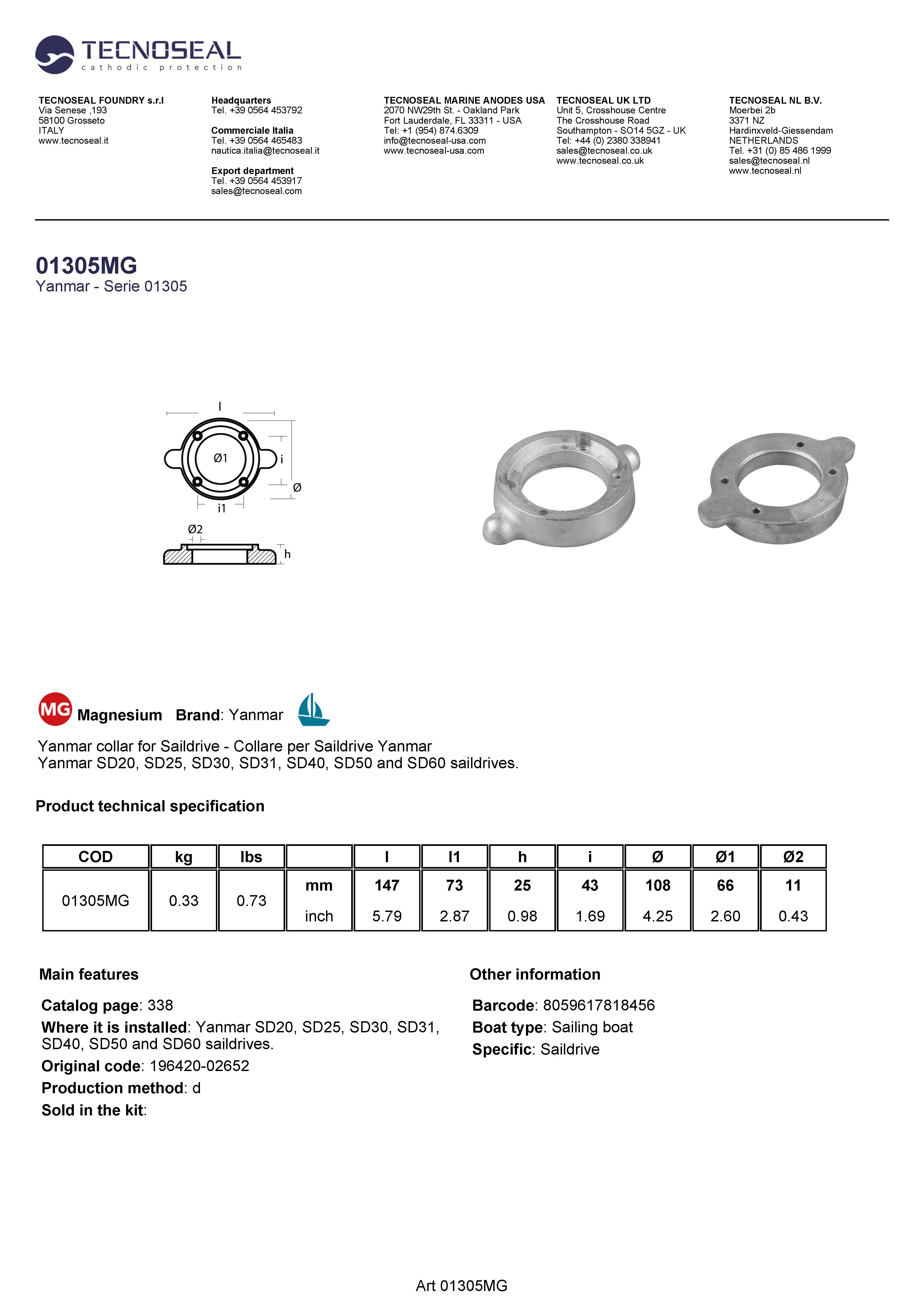 Yanmar collar for Saildrive SD 20-30-40-50-60 Magnesium - 01305mg - 01305MG