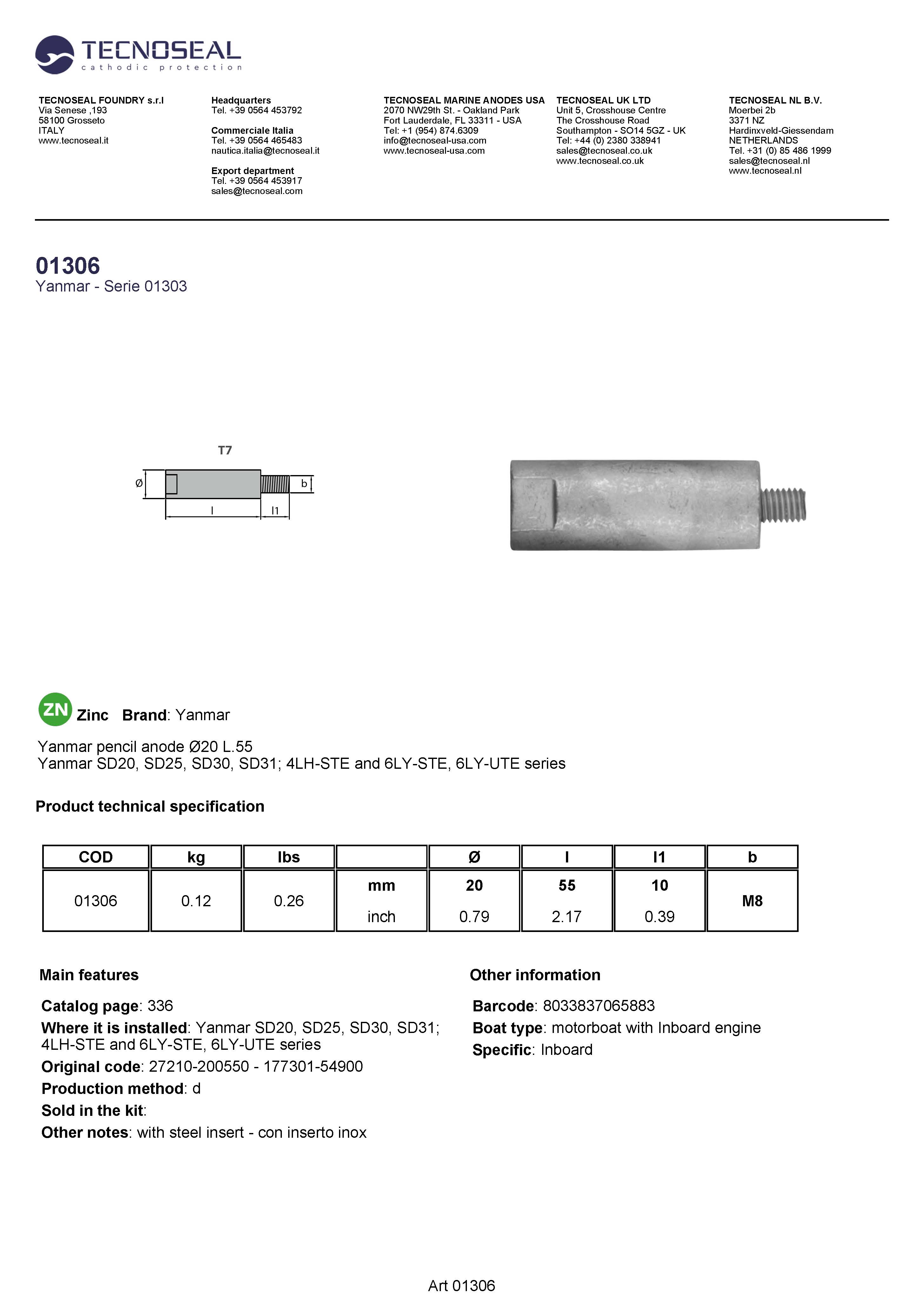 Yanmar pencil anode &Oslash;20 L.55 - 01306 1 - 01306