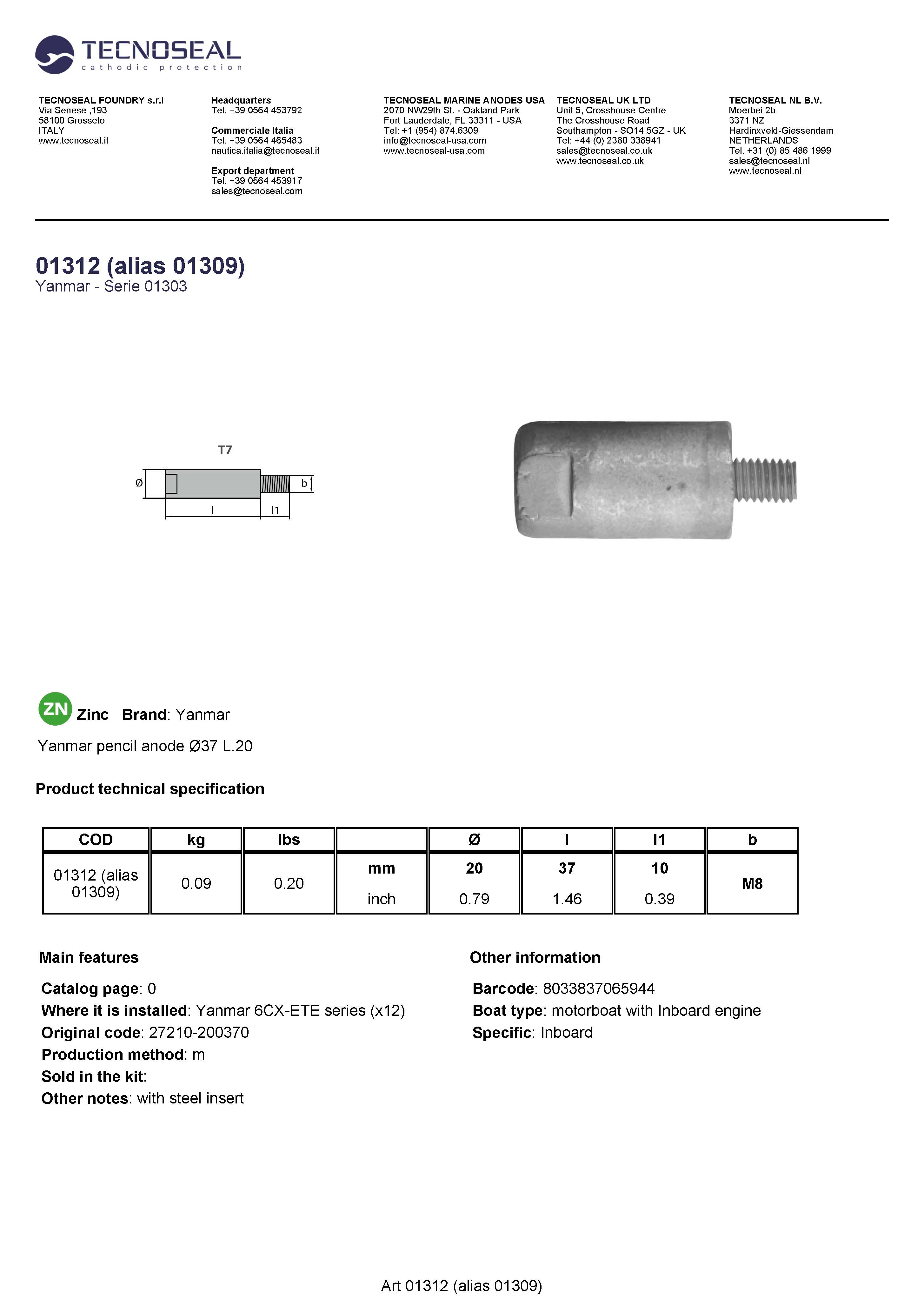 Yanmar pencil anode &Oslash;20 L.37 - 01312 alias 01309 - 01312