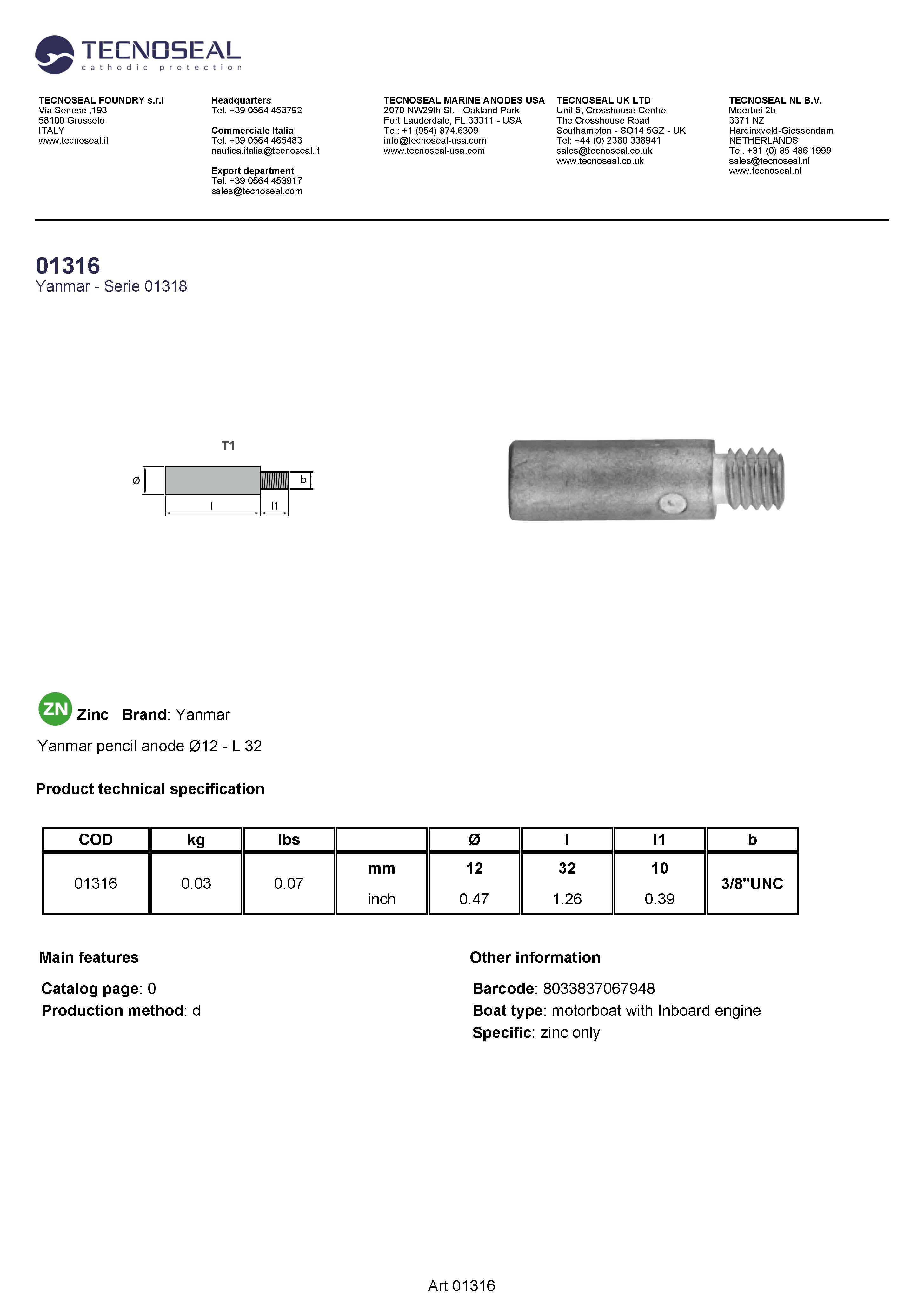 Yanmar Pencil anode &Oslash;12.5 L.32 - 01316 - 01316