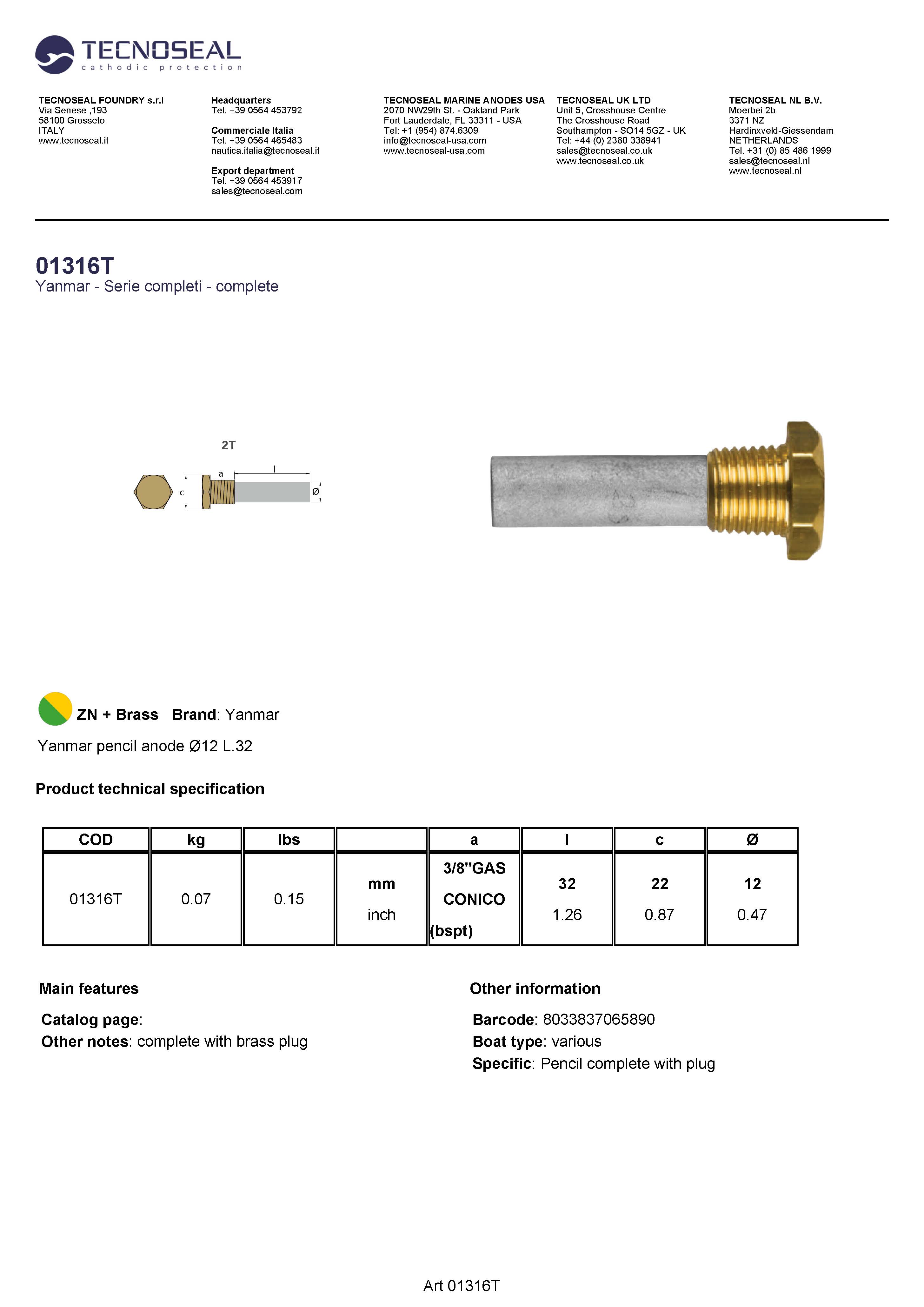 Yanmar Pencil anode &Oslash;12 L.32 comp. with brass plug th.3/8" - 01316t 1 - 01316T