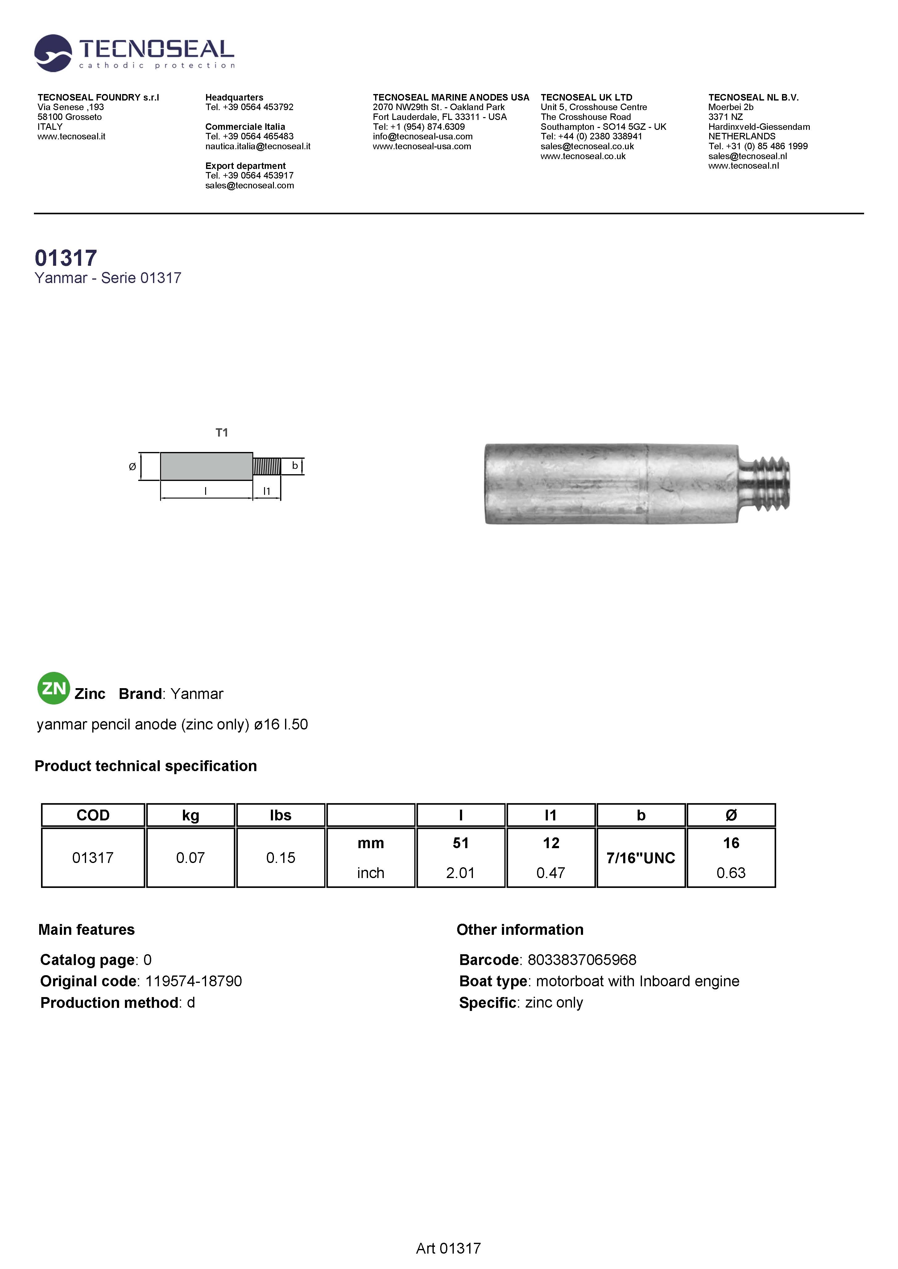 Yanmar pencil anode &Oslash;16 L.50 - 01317 1 - 01317