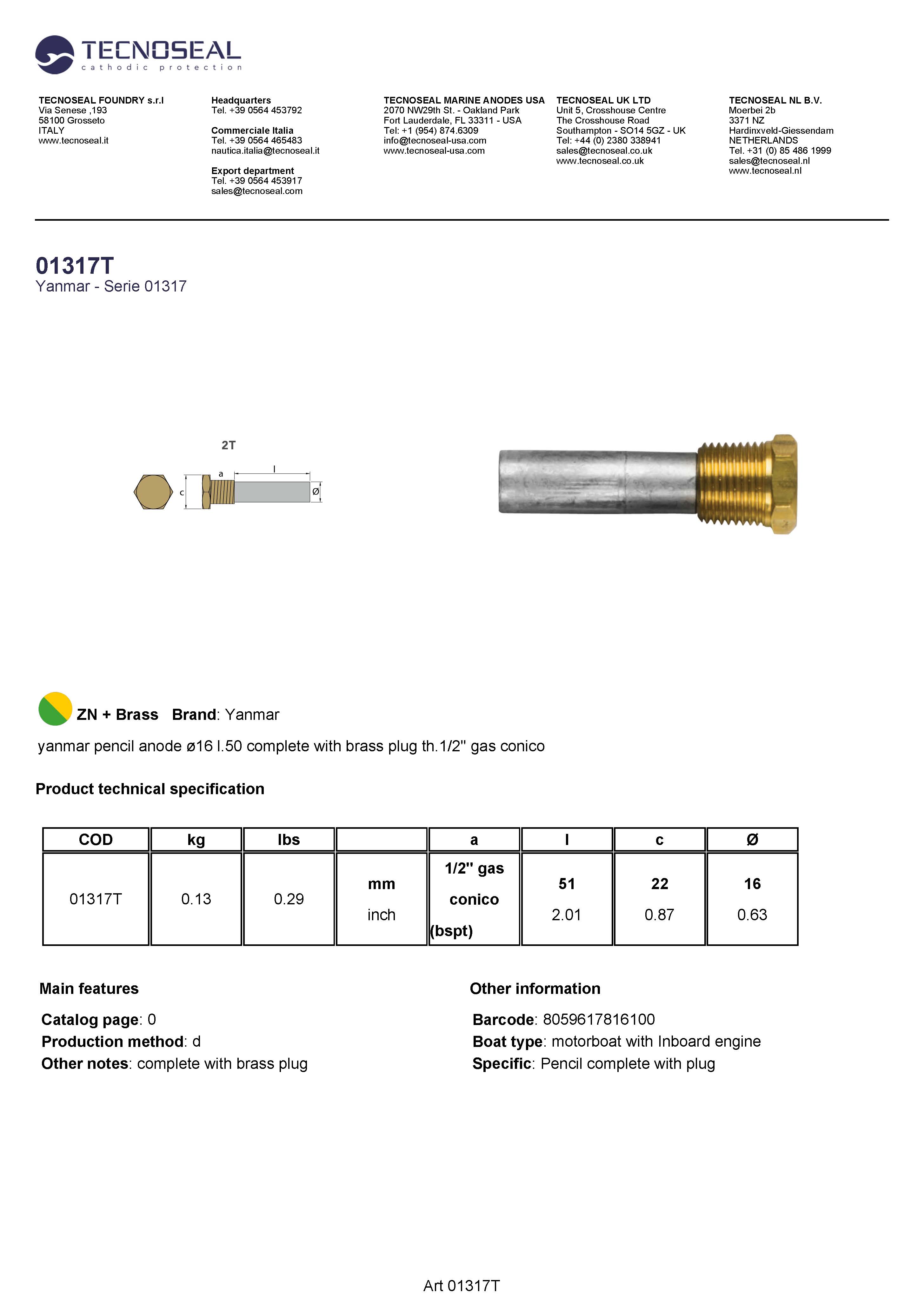 Yanmar pencil anode &Oslash;16 L.50 with brass plug 1/2'' Bspt - 01317t 1 - 01317T
